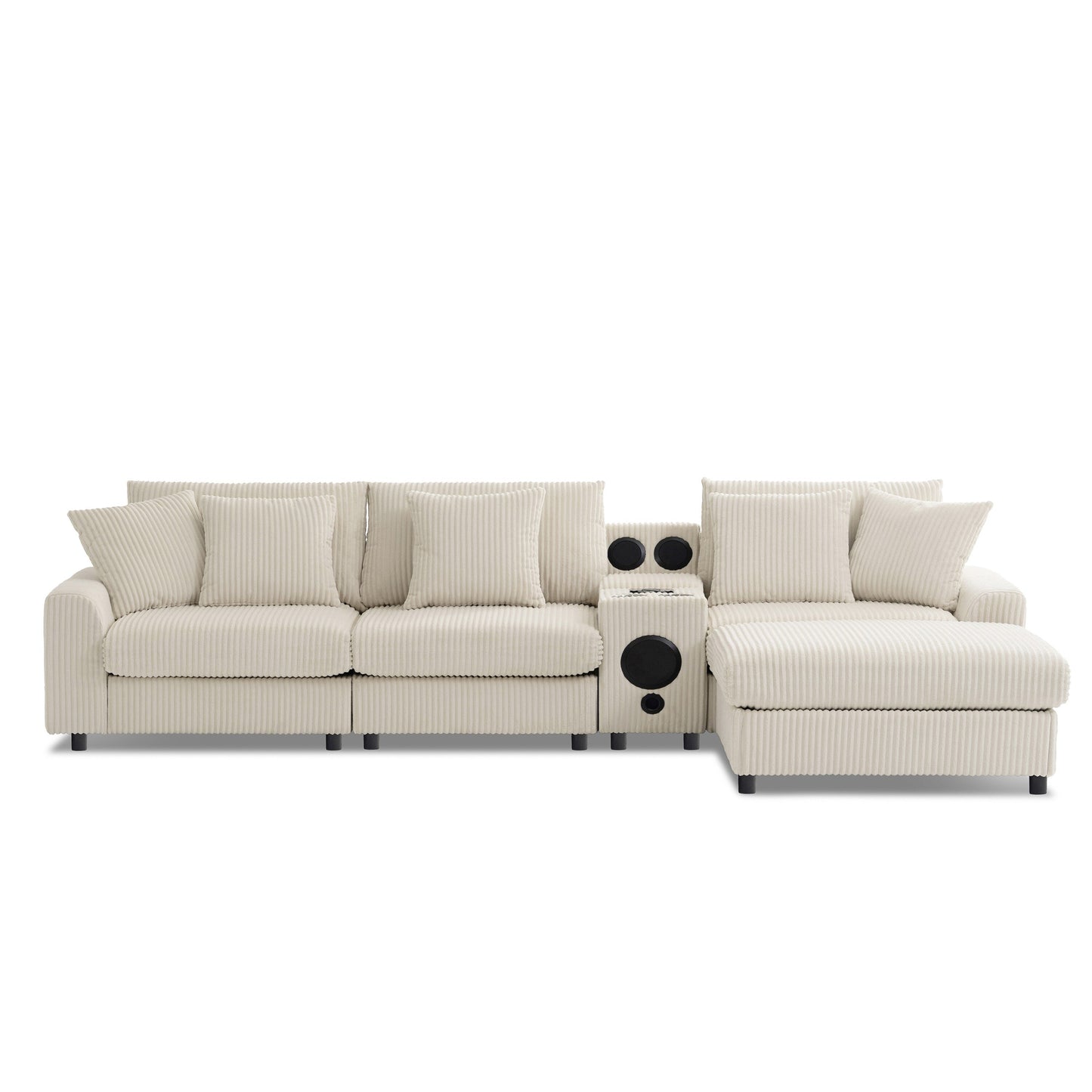 Modular Corduroy Sectional Sofa with Bluetooth Speakers, Charging Ports, Cup Holders, Storage and Ottoman for Living Room