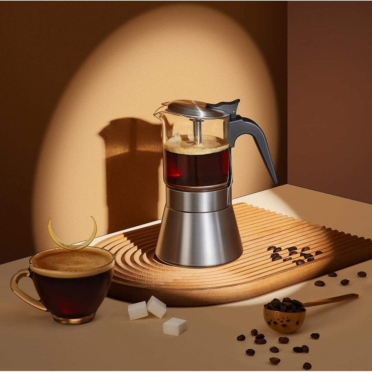 Moka Induction Stovetop Espresso Maker With Pressure valve,Crystal Glass-top & Stainless Steel Esprosso Moka Pot,240ml