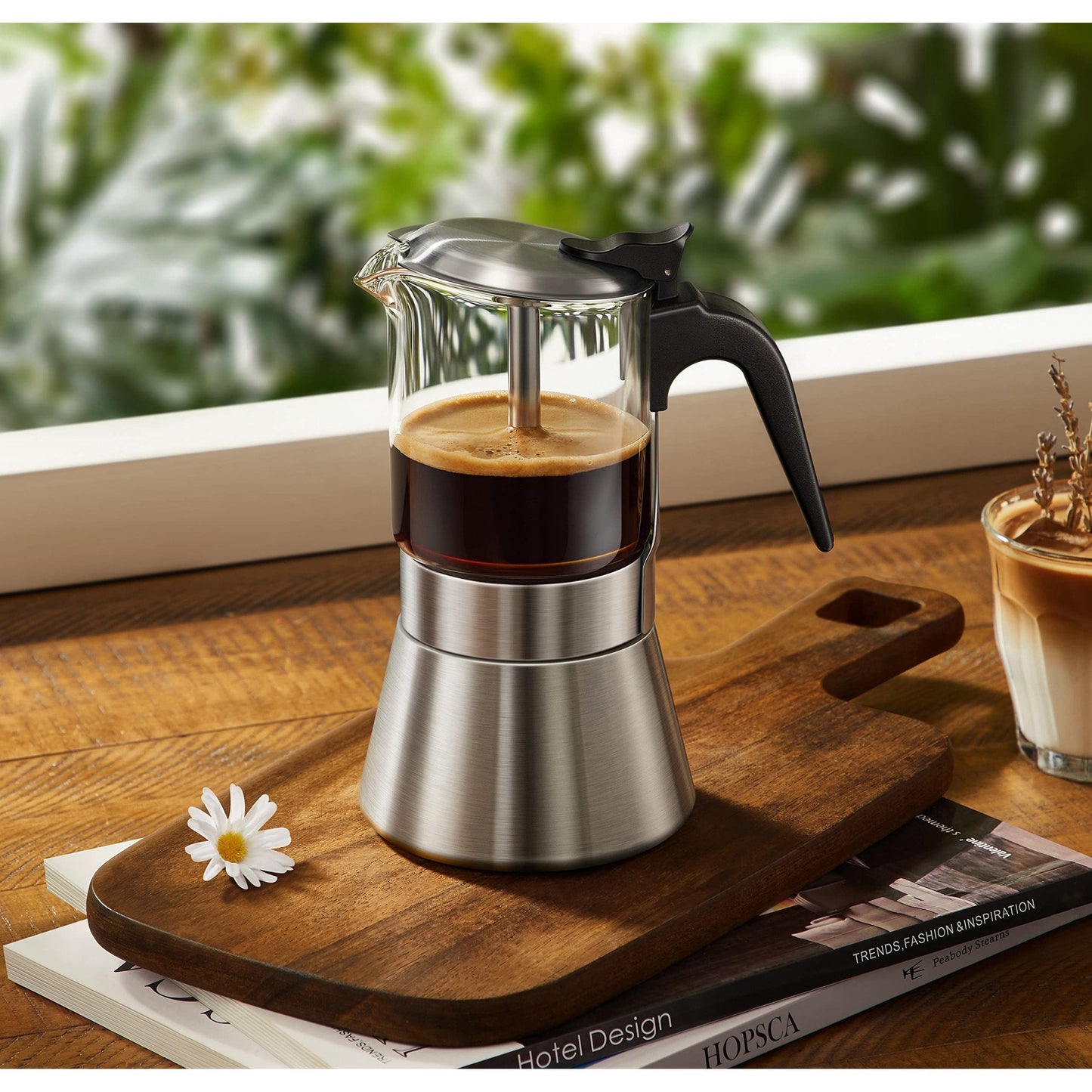 Moka Induction Stovetop Espresso Maker With Pressure valve,Crystal Glass-top & Stainless Steel Esprosso Moka Pot,240ml