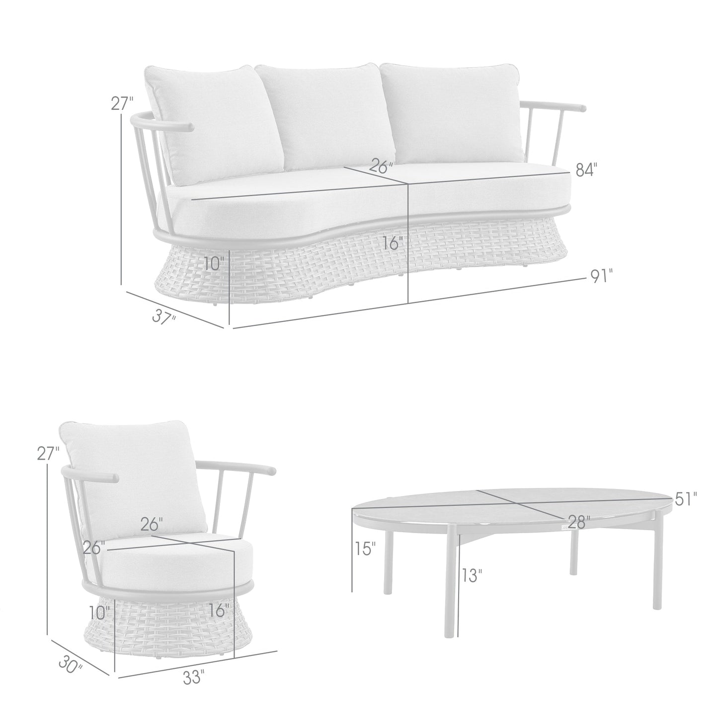 Monk Modern Gray Wicker and Aluminum Outdoor 4 Piece Conversation Set with Swivel Chairs