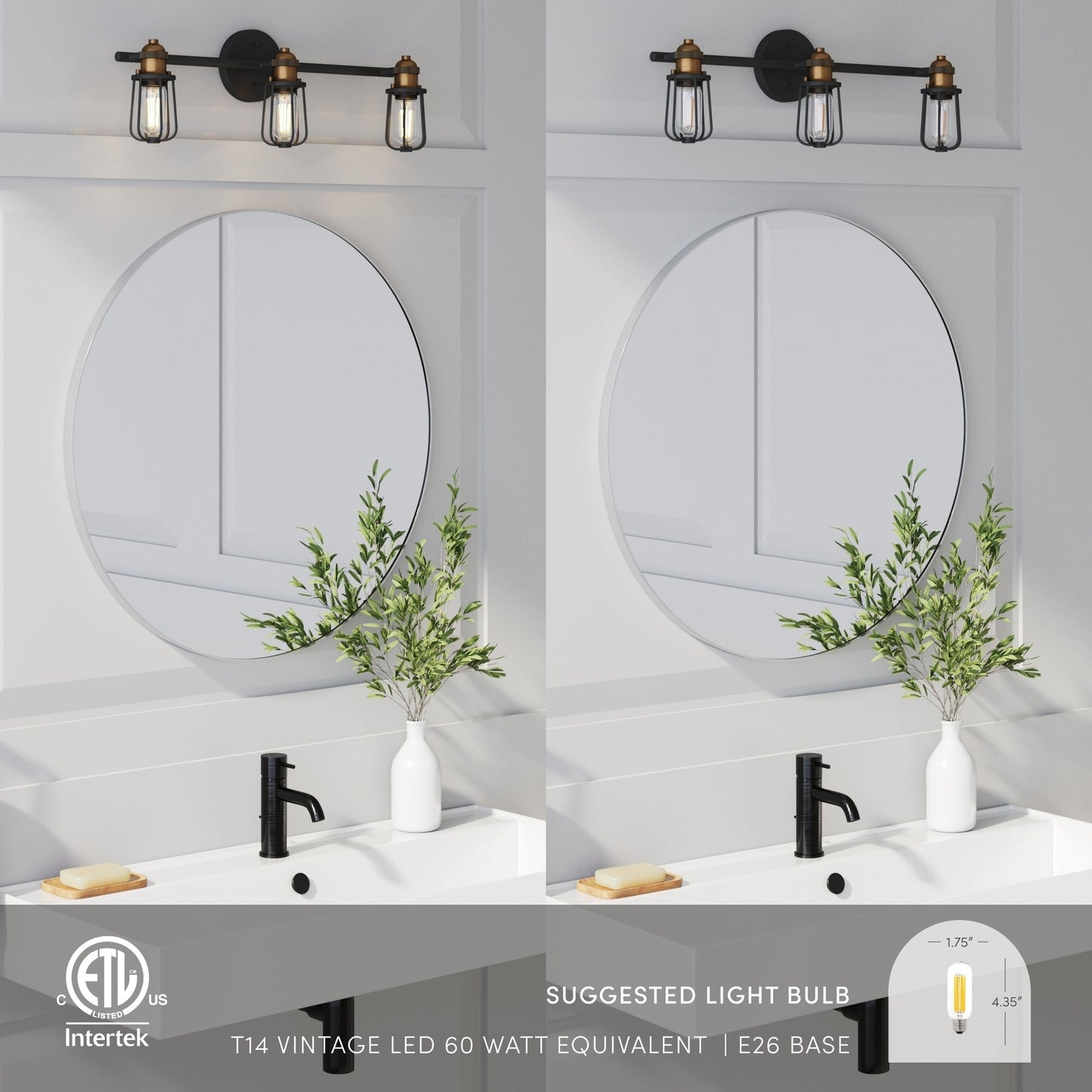 Nathan James Rori Vanity Wall Light Indoor 3-Light Bathroom with Farmhouse Cage Sconce and Brass Details