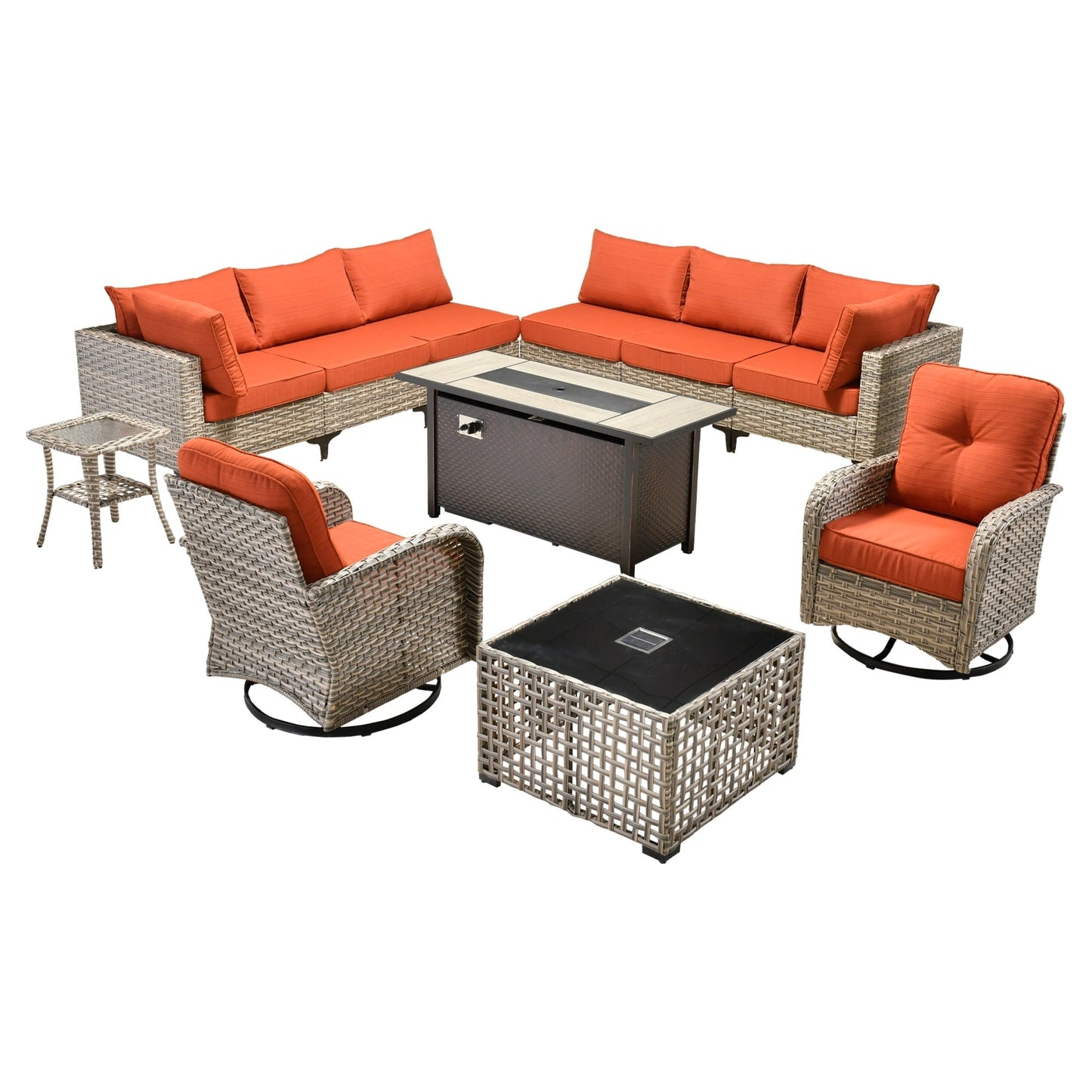 OVIOS 11 Pieces Outdoor Wicker Swivel Chair Set With Fire Table