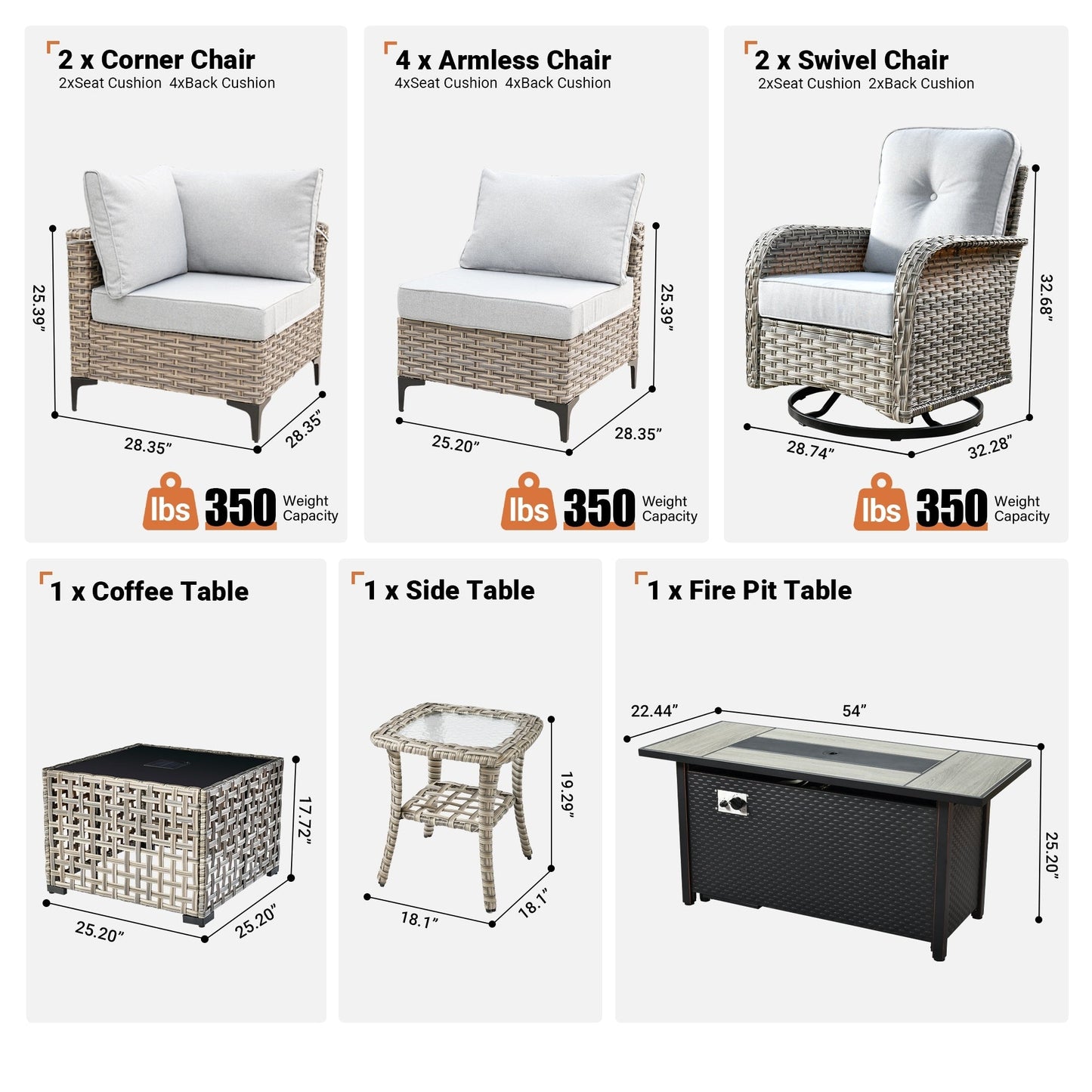 OVIOS 11 Pieces Outdoor Wicker Swivel Chair Set With Fire Table