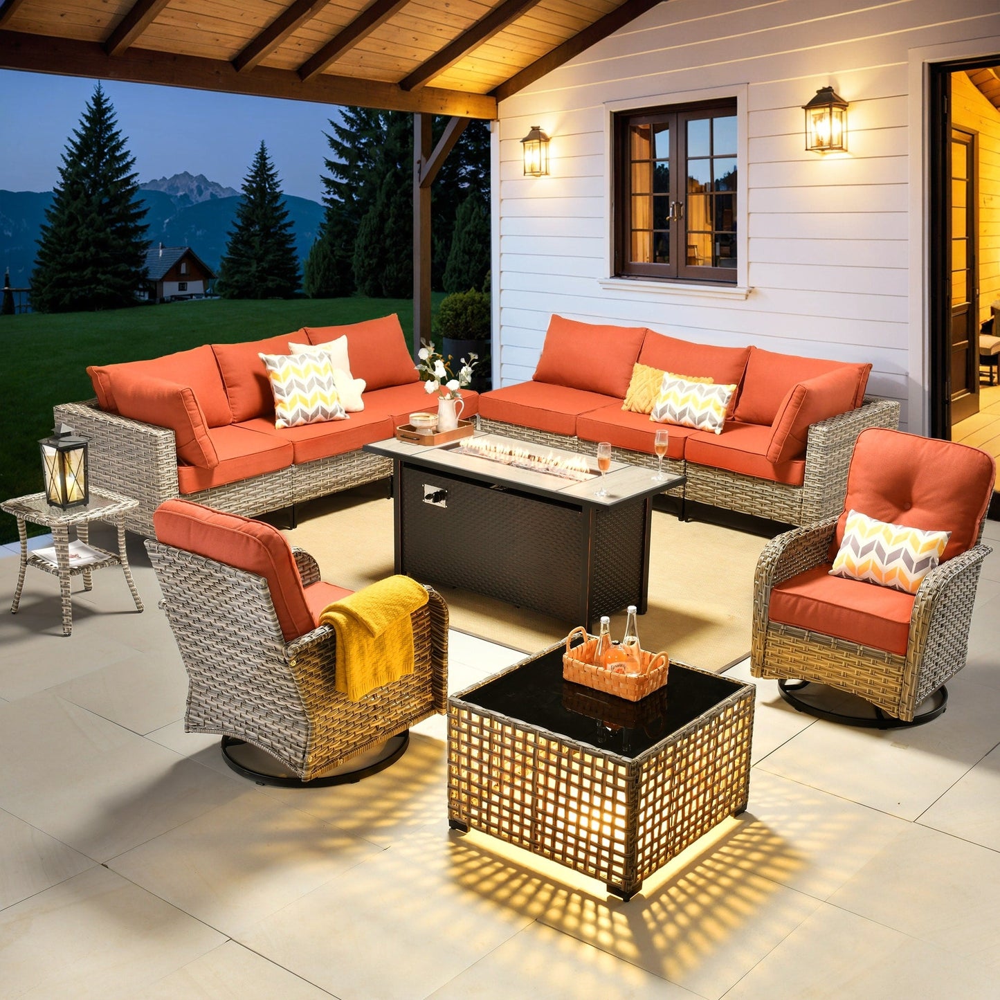 OVIOS 11 Pieces Outdoor Wicker Swivel Chair Set With Fire Table