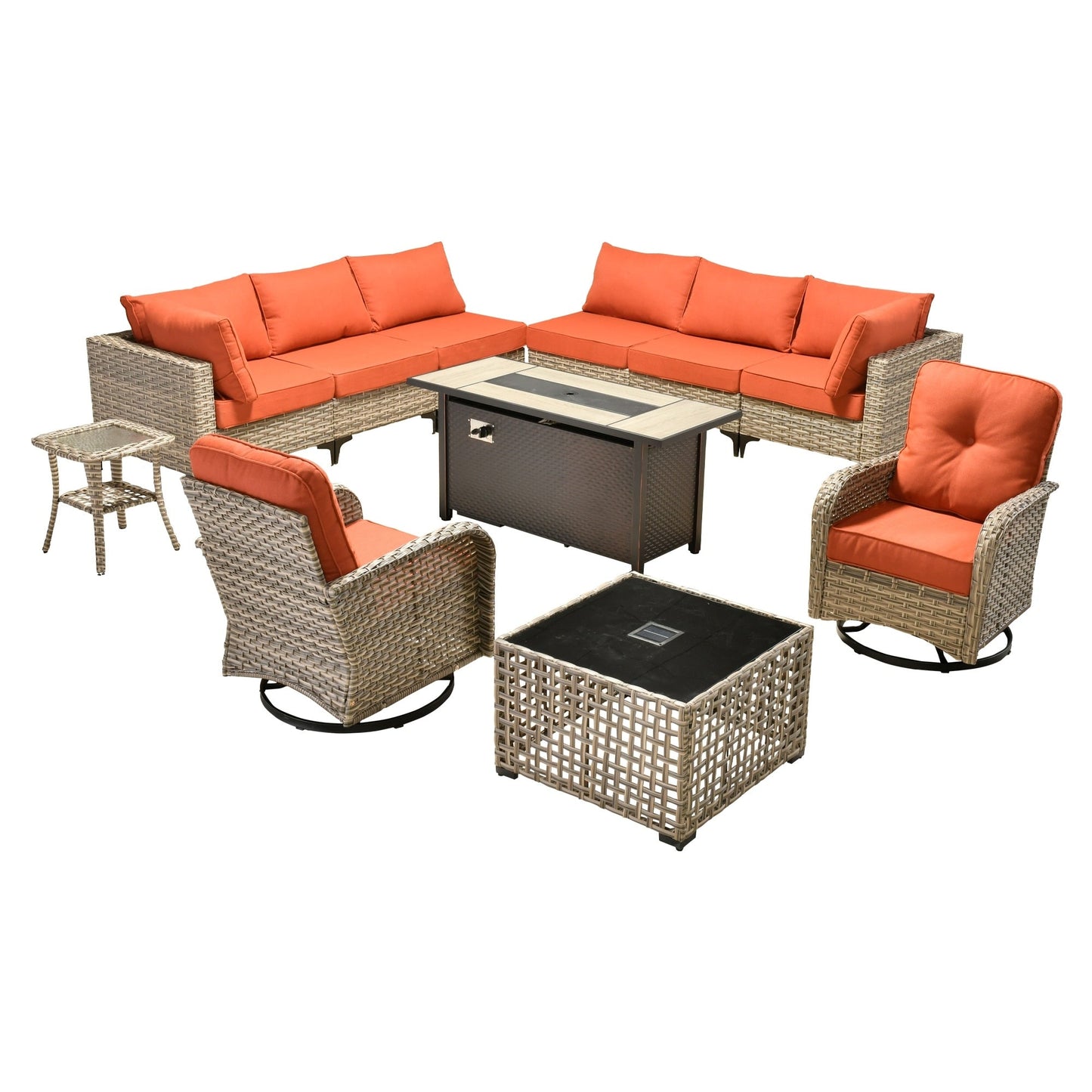 OVIOS 11 Pieces Outdoor Wicker Swivel Chair Set With Fire Table