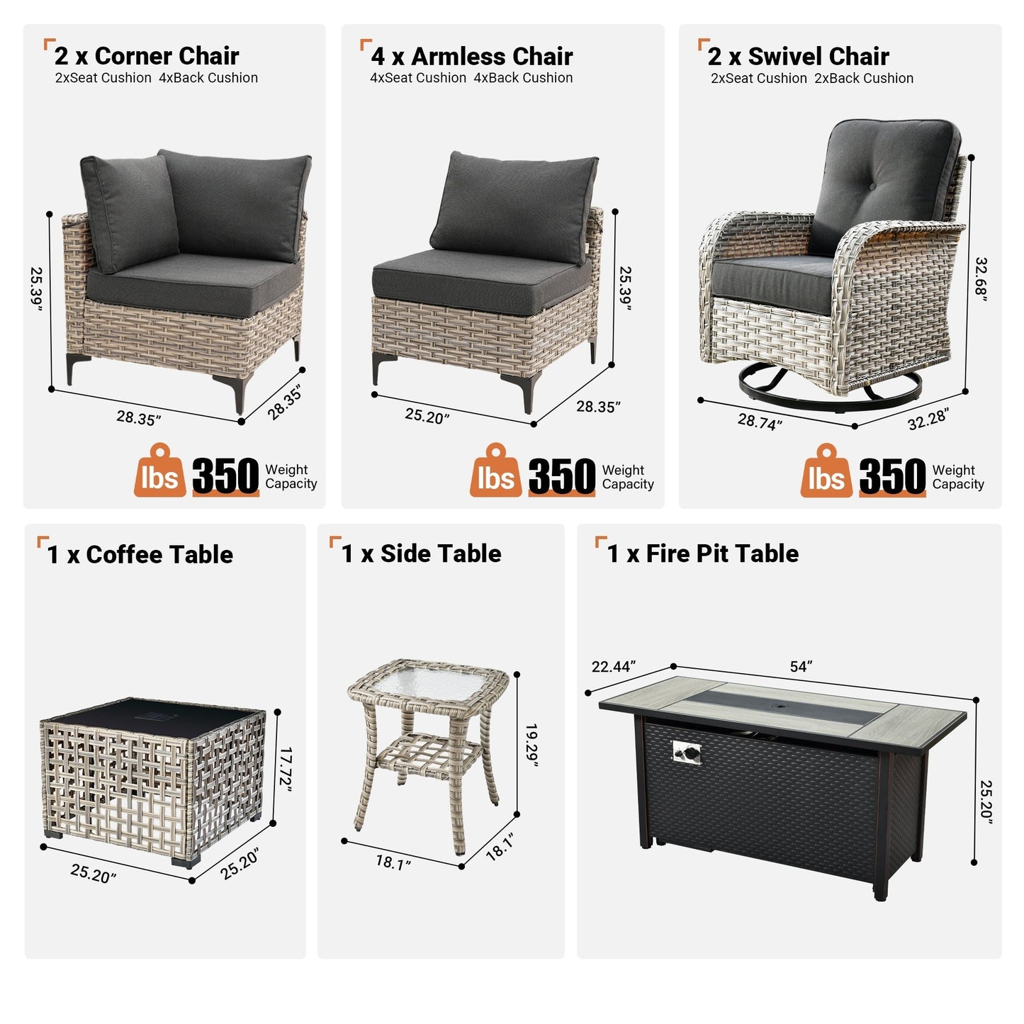 OVIOS 11 Pieces Outdoor Wicker Swivel Chair Set With Fire Table