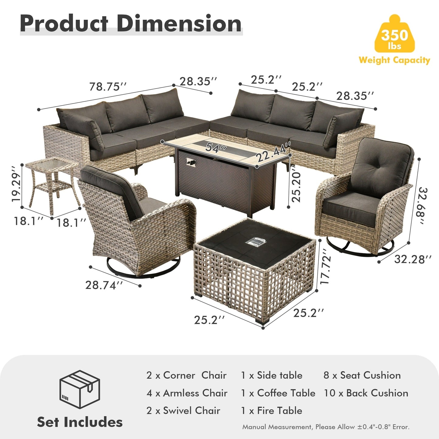 OVIOS 11 Pieces Outdoor Wicker Swivel Chair Set With Fire Table