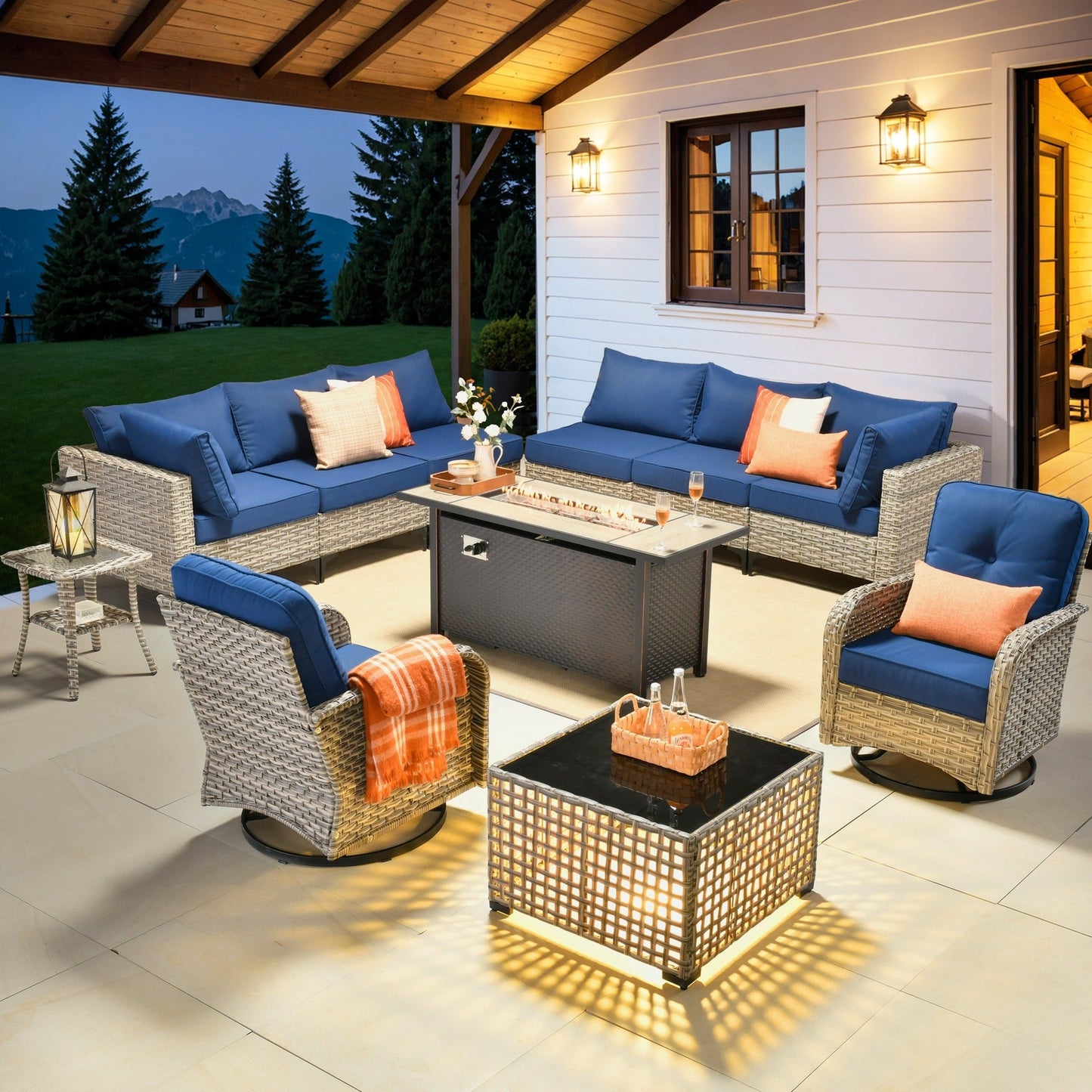 OVIOS 11 Pieces Outdoor Wicker Swivel Chair Set With Fire Table
