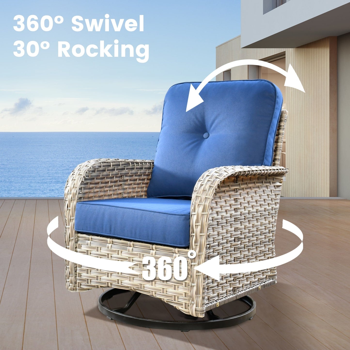 OVIOS 11 Pieces Outdoor Wicker Swivel Chair Set With Fire Table