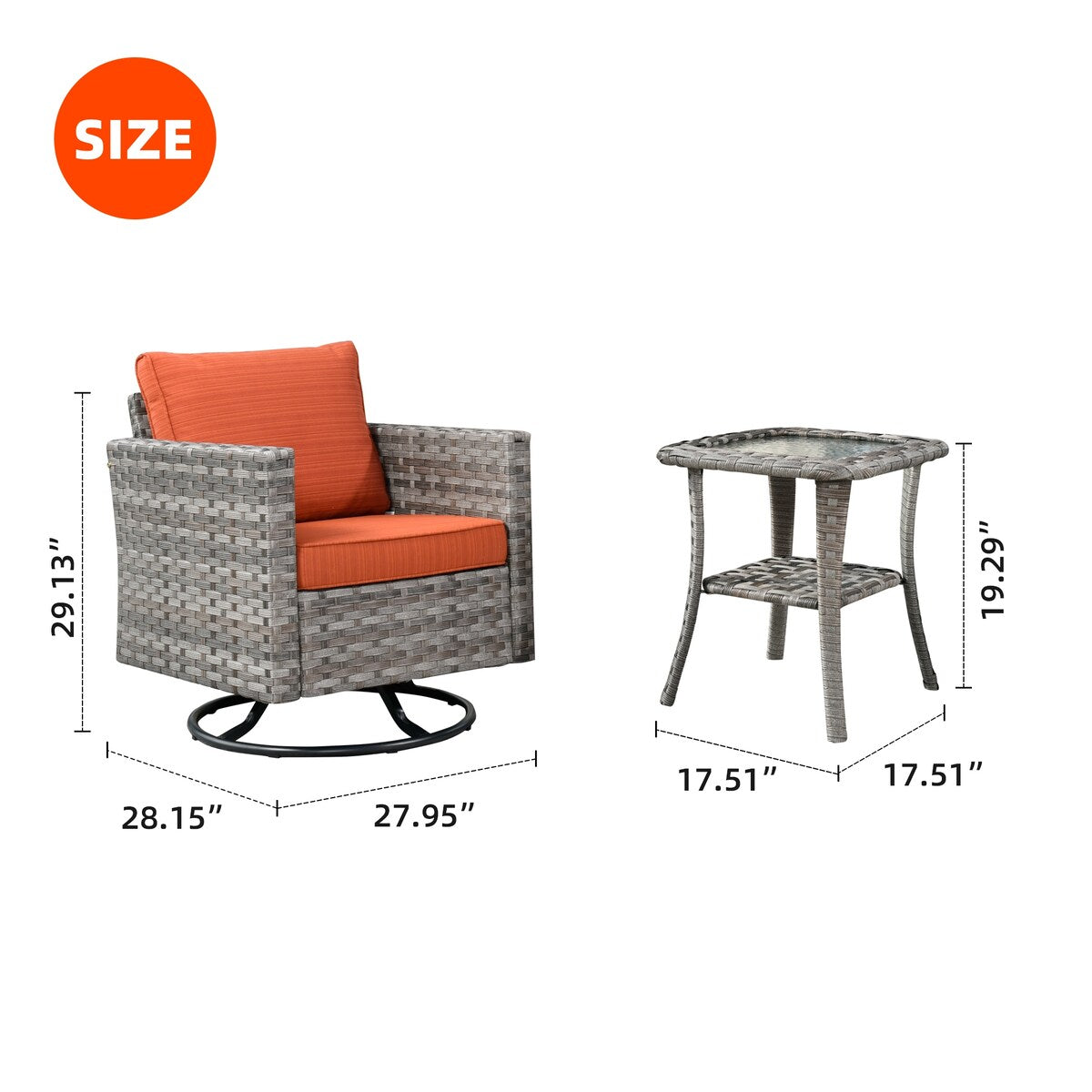 OVIOS 2-piece Swivel Rocking Wicker Chair Side Table Conversation Set