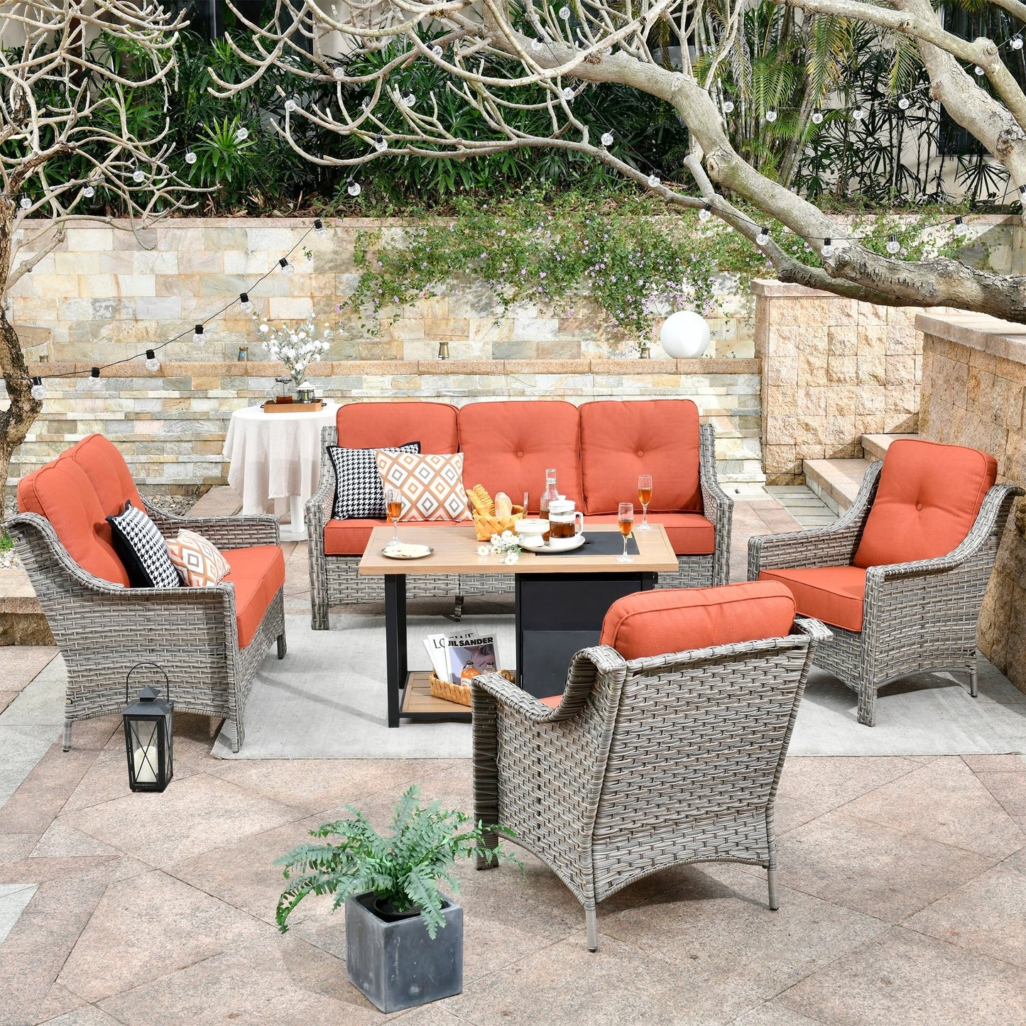OVIOS 5-piece Patio Wicker Conversation Set With Fire Table