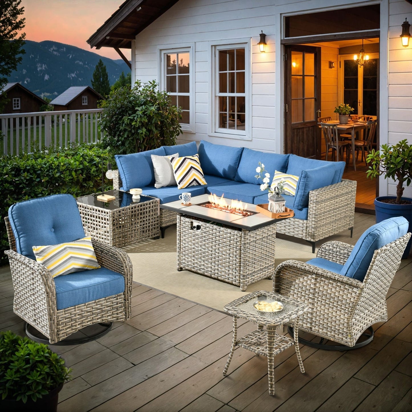 OVIOS 9 Pieces Outdoor Wicker Swivel Chair Set With Fire Table
