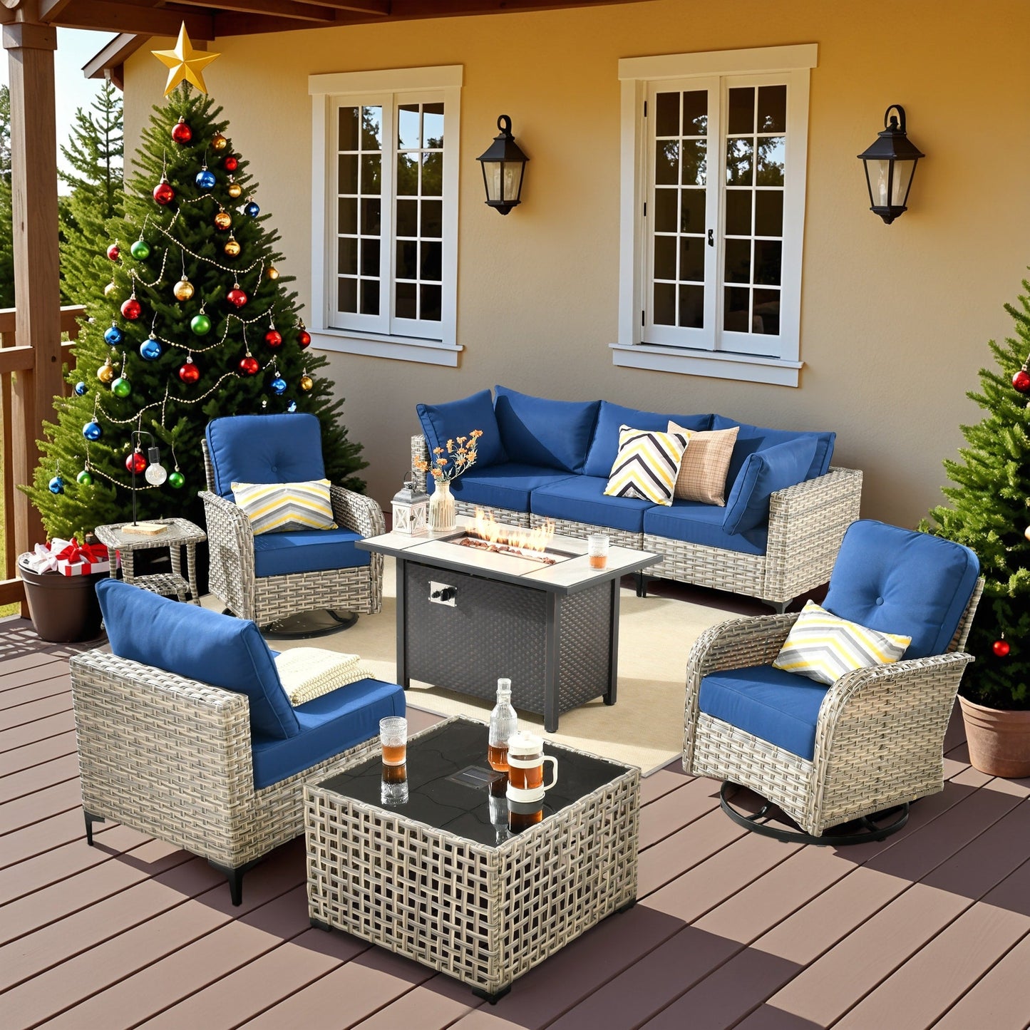 OVIOS 9 Pieces Outdoor Wicker Swivel Chair Set With Fire Table