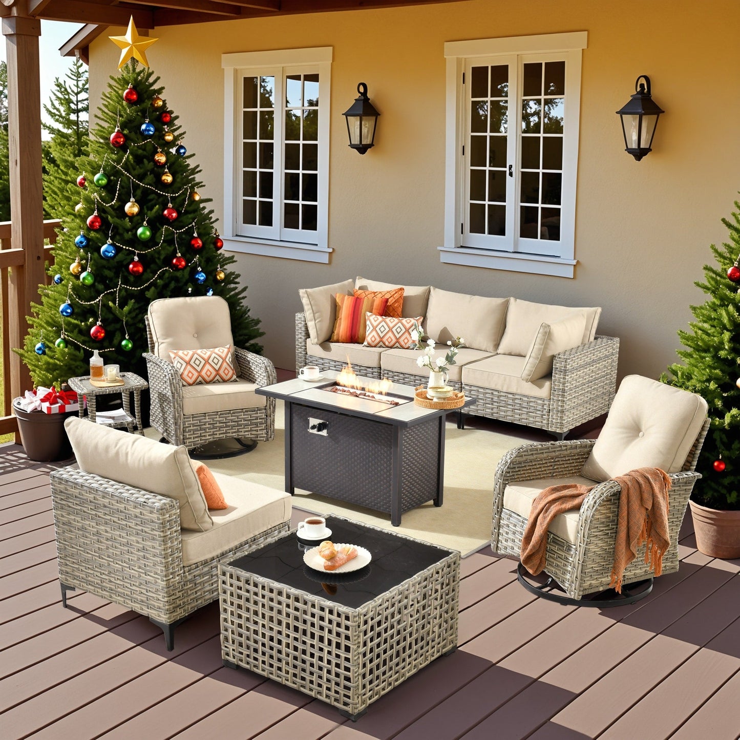 OVIOS 9 Pieces Outdoor Wicker Swivel Chair Set With Fire Table