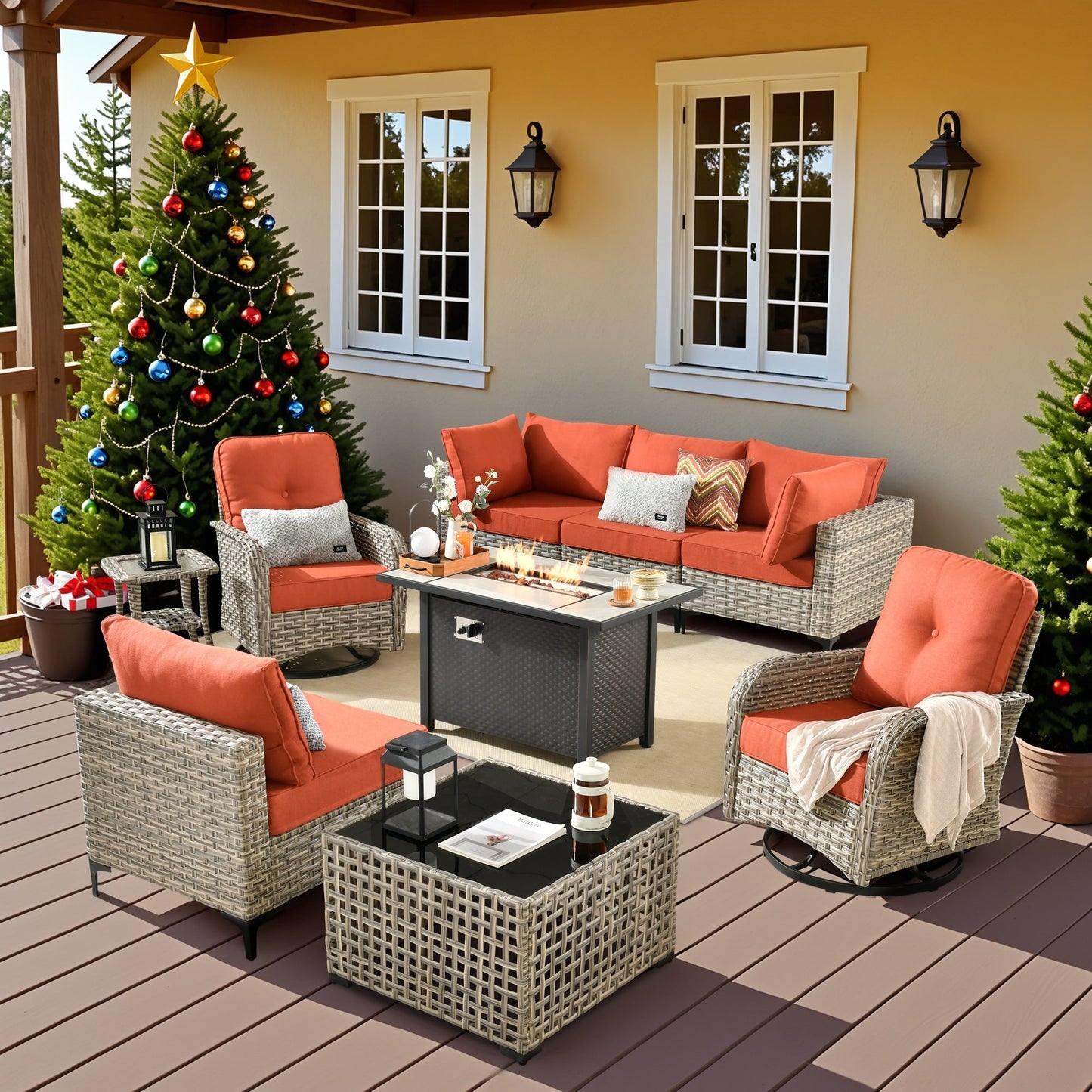 OVIOS 9 Pieces Outdoor Wicker Swivel Chair Set With Fire Table