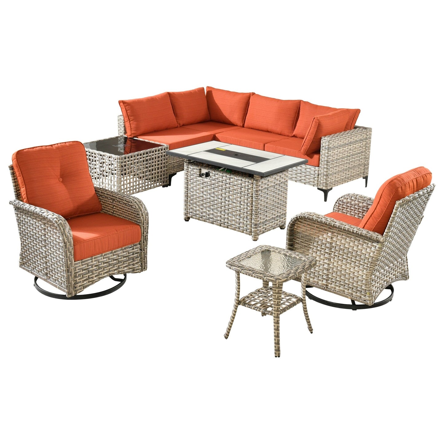 OVIOS 9 Pieces Outdoor Wicker Swivel Chair Set With Fire Table