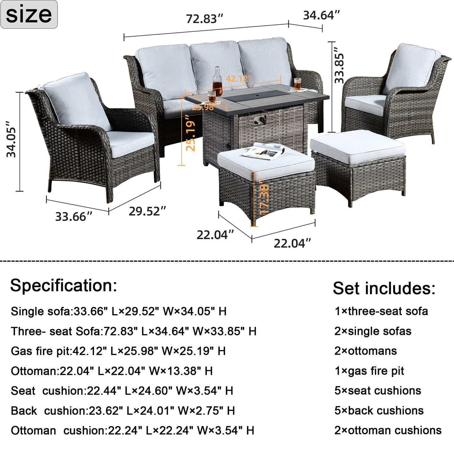 OVIOS Grey Wicker 6-piece Patio Furniture Set With Rectangular Fire Pit