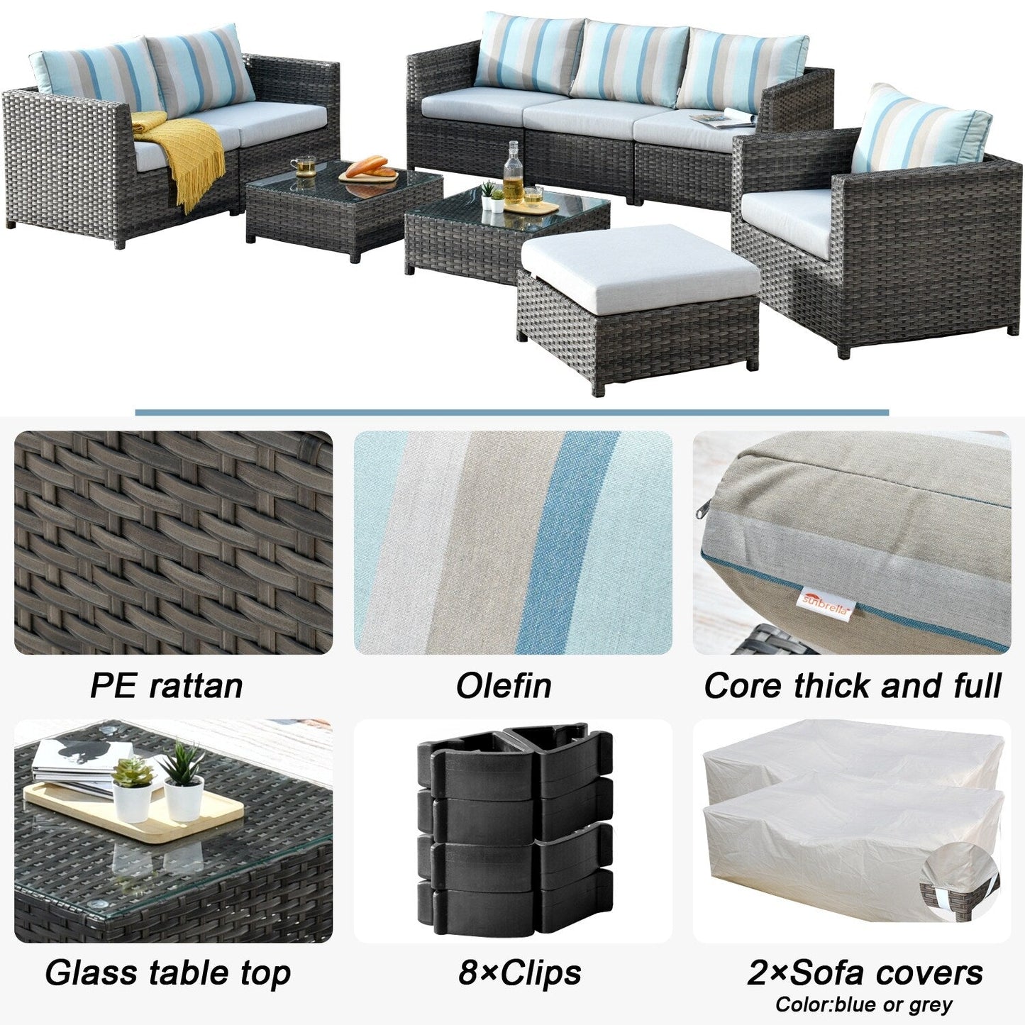 OVIOS Sunbrella Fabric Patio 9&12 Pieces Outdoor Sectional Set