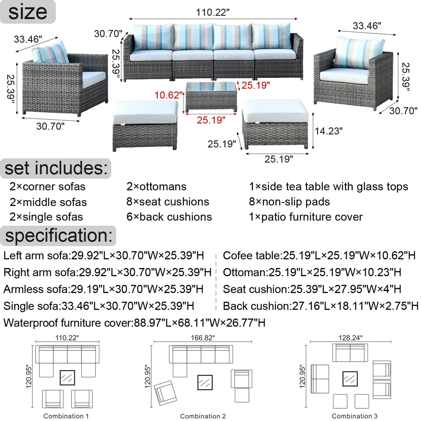 OVIOS Sunbrella Fabric Patio 9&12 Pieces Outdoor Sectional Set
