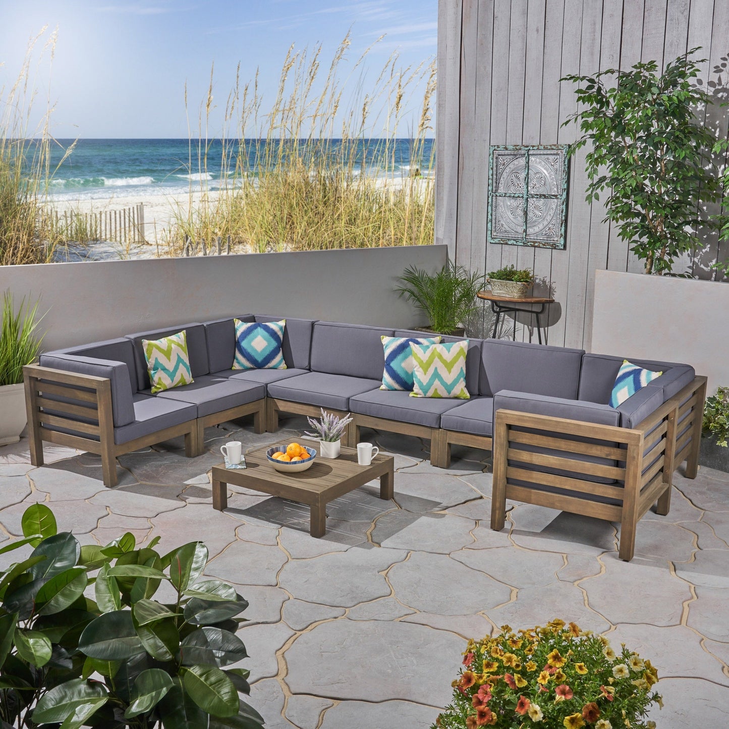 Oana Outdoor 9-piece Acacia Wood U-shaped Sectional Set by Christopher Knight Home