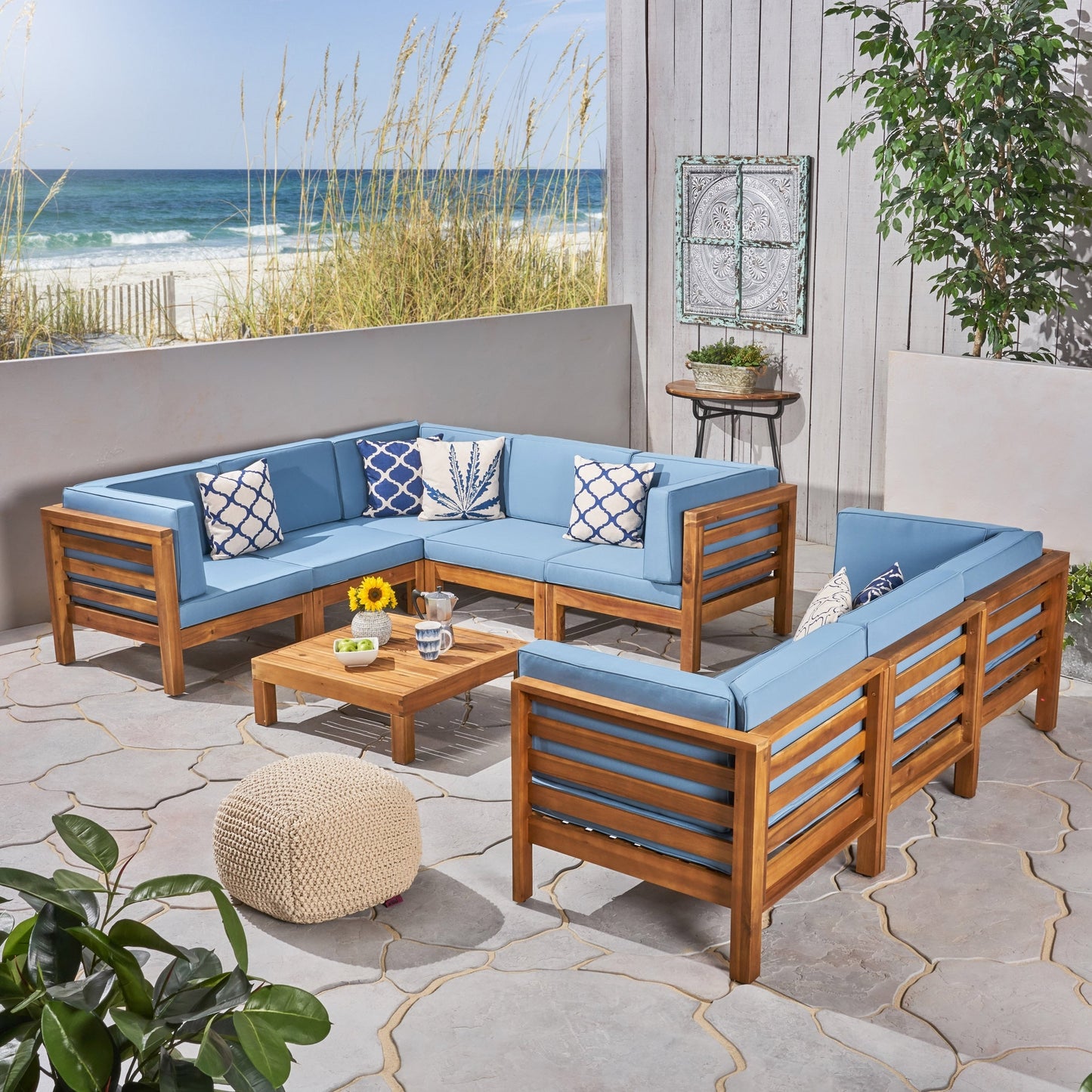 Oana Outdoor 9-Piece Acacia Wood Sectional Sofa Set with Coffee Table by Christopher Knight Home