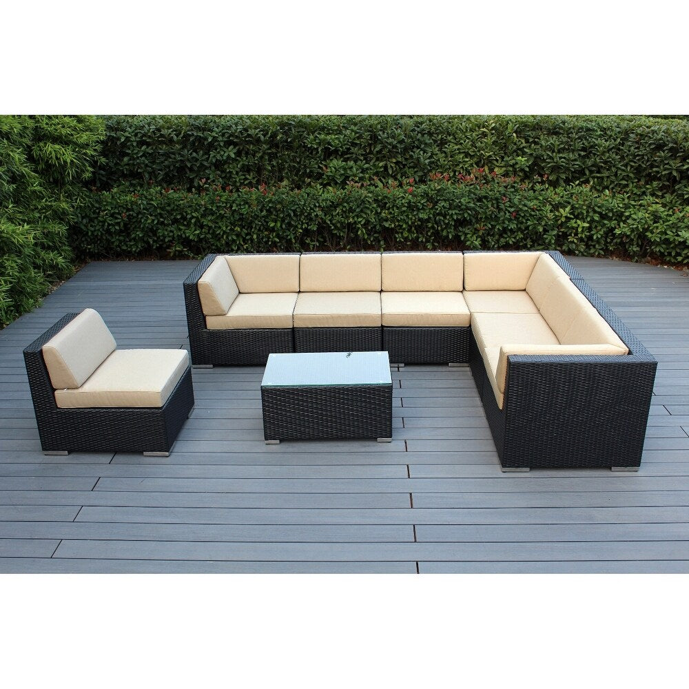 Ohana Outdoor Patio 8 Piece Black Wicker Sectional Set with Cushions - No Assembly