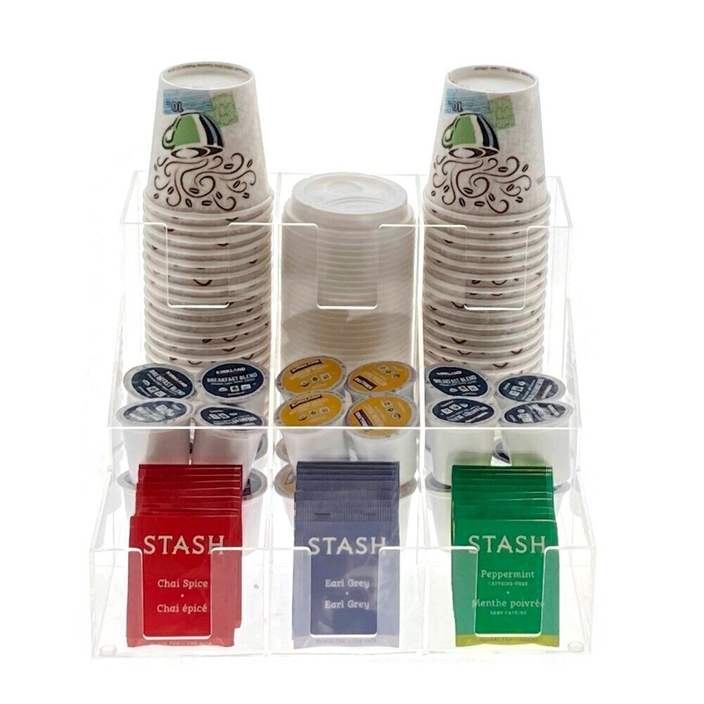 OnDisplay Acrylic Break Room Coffee Station Organizer for Cups/Lids/Sugar/Coffee Pods/Tea and more