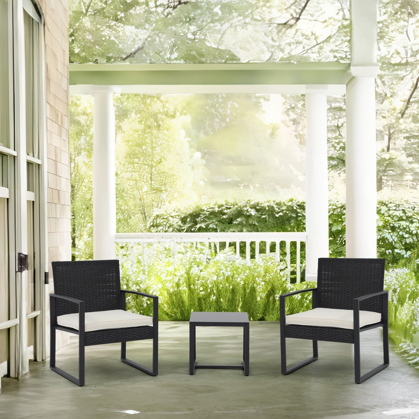 Outdoor 3 Pieces Wicker Chat Set with Cushions - N/A