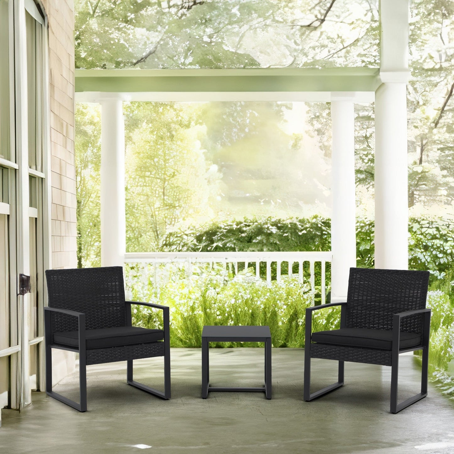 Outdoor 3 Pieces Wicker Chat Set with Cushions - N/A