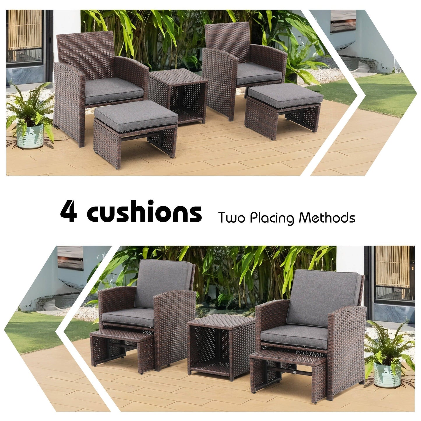 Outdoor 5-piece Brown Rattan Wicker Conversation Set
