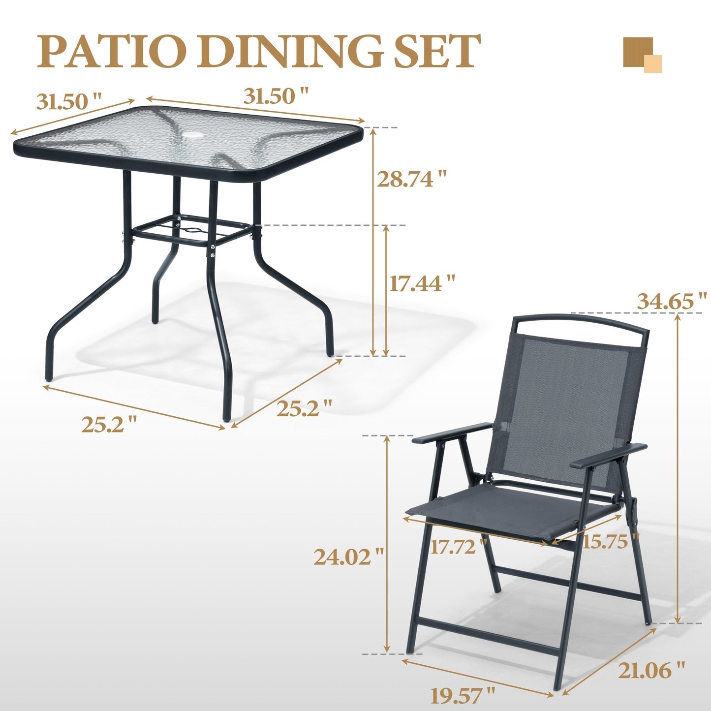 Outdoor 5-piece Patio Dining Set Folding Chairs and Glass Table with Umbrella Hole - See the specifications