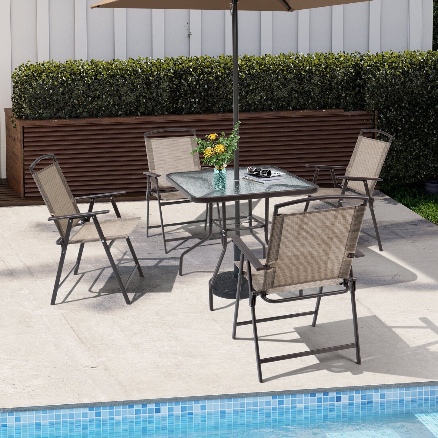 Outdoor 5-piece Patio Dining Set Folding Chairs and Glass Table with Umbrella Hole - See the specifications