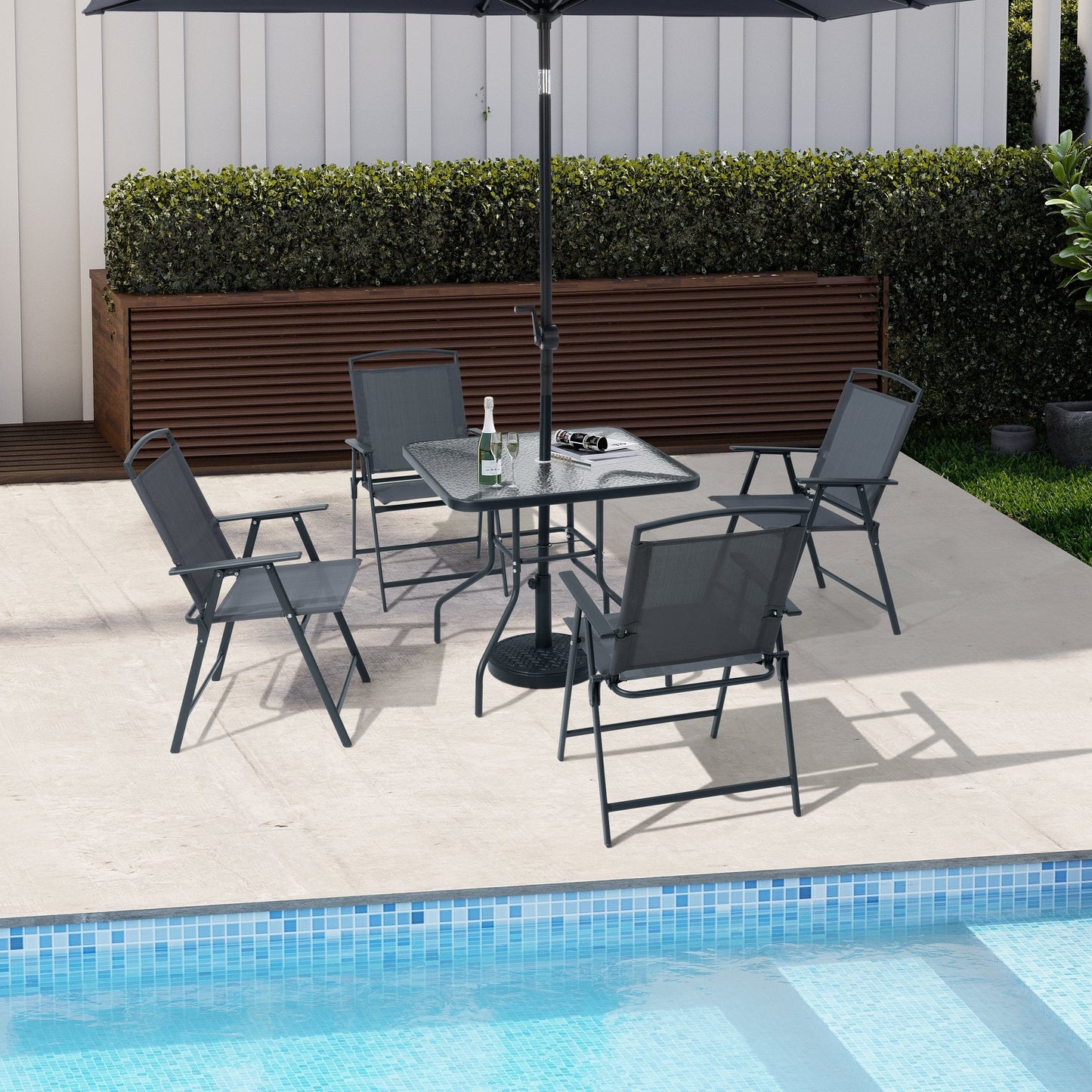 Outdoor 5-piece Patio Dining Set Folding Chairs and Glass Table with Umbrella Hole - See the specifications
