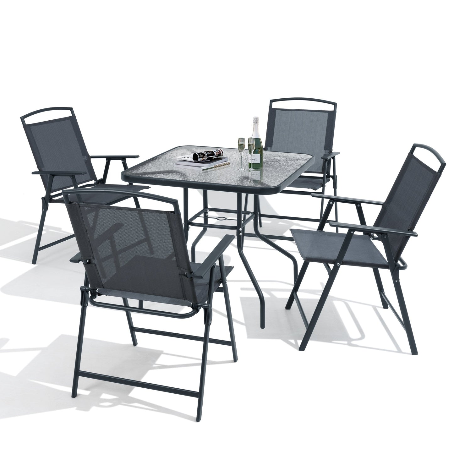 Outdoor 5-piece Patio Dining Set Folding Chairs and Glass Table with Umbrella Hole - See the specifications