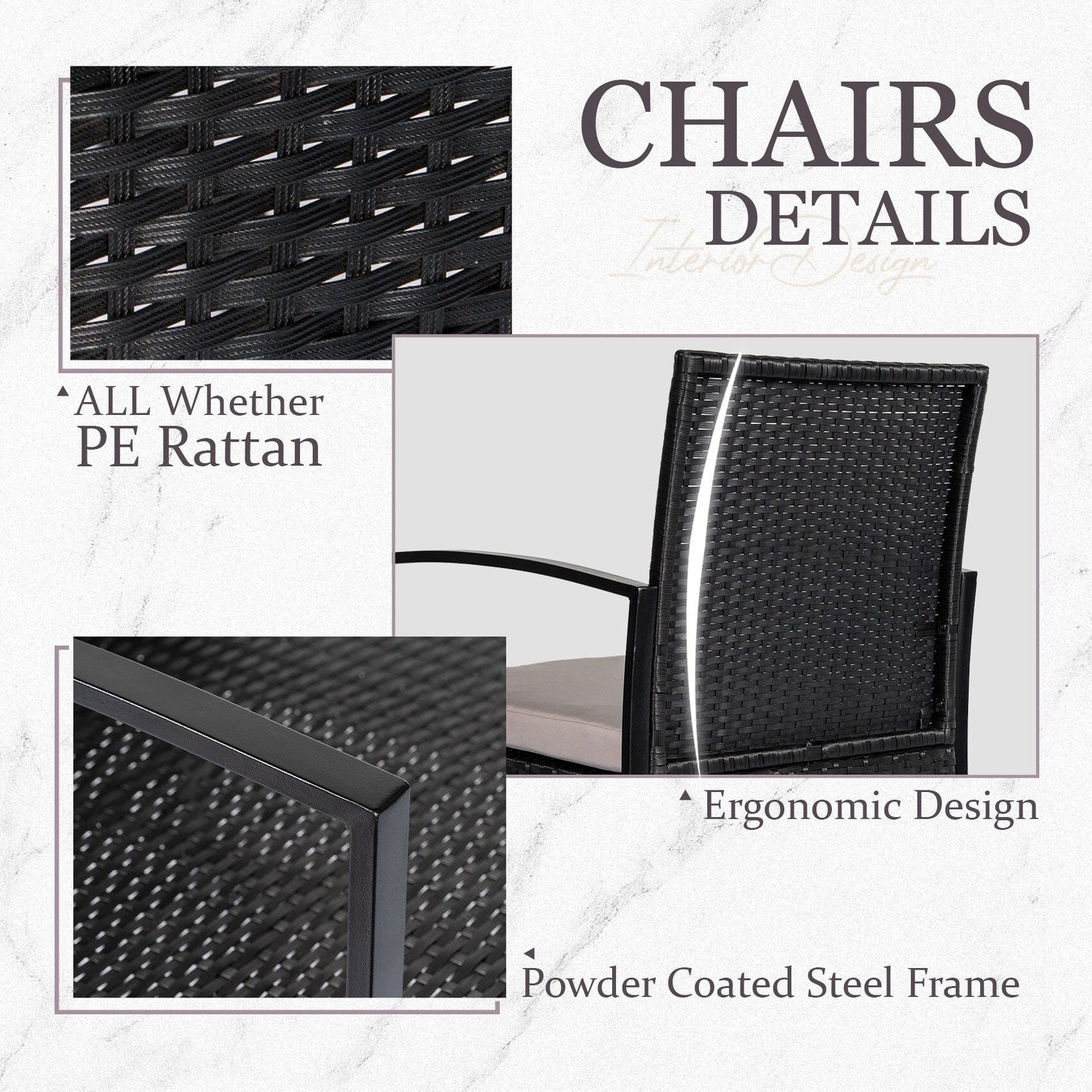 3 Piece Patio Bistro Set Outdoor Furniture Set with Glass Table, Rattan Conversation Sets for Porch Garden Balcony