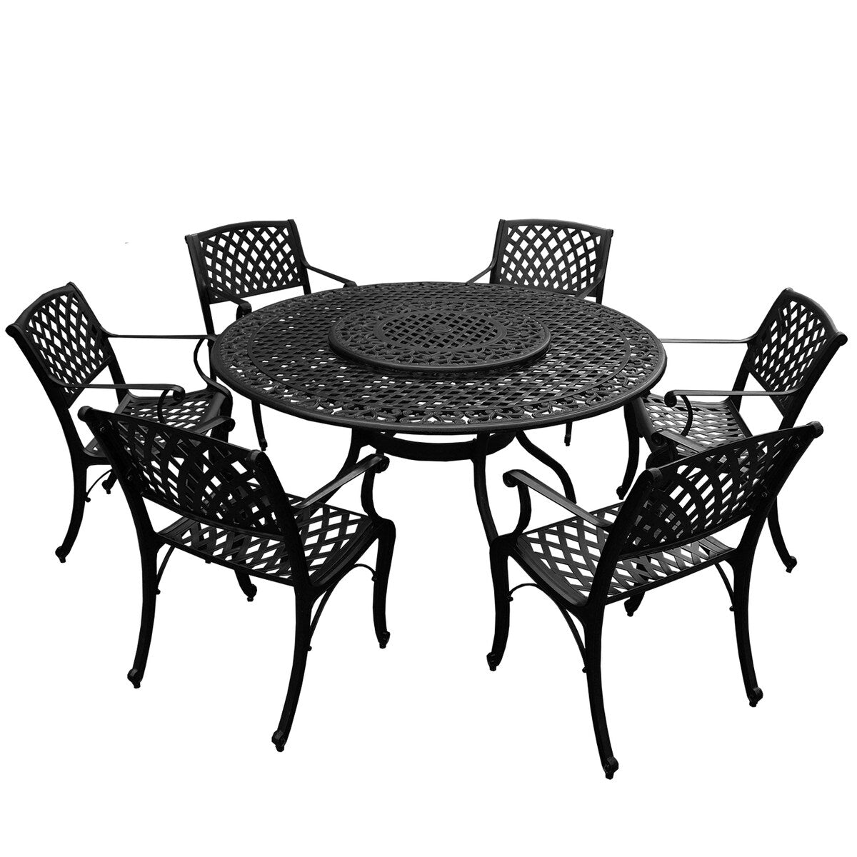Outdoor Lattice 59 in. Round Dining Set with Lazy Susan and Six Chairs - N/A