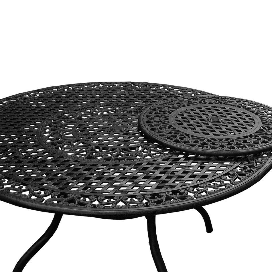 Outdoor Lattice 59 in. Round Dining Set with Lazy Susan and Six Chairs - N/A