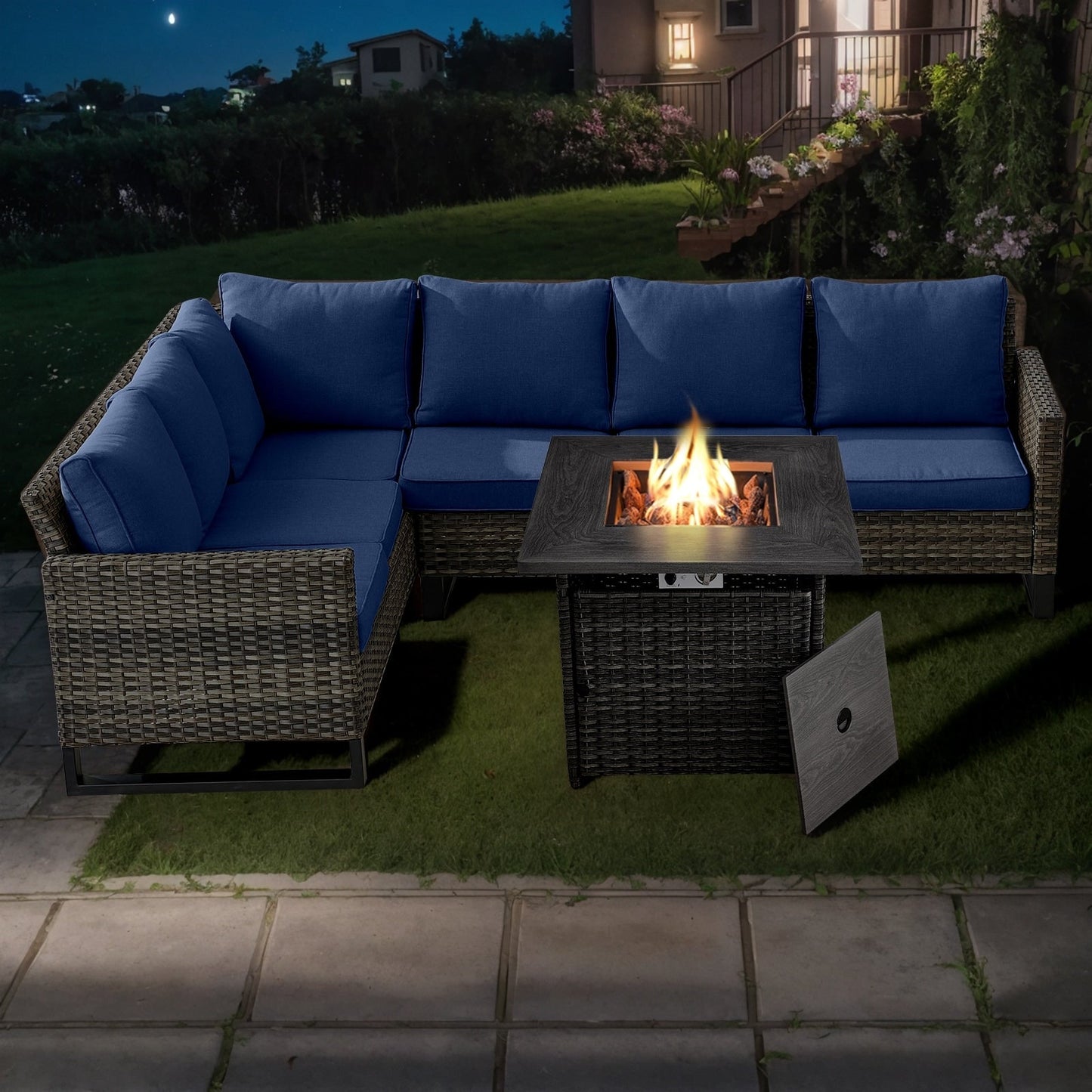 Outdoor Sectional Wicker Sofa with Fire Pit Table