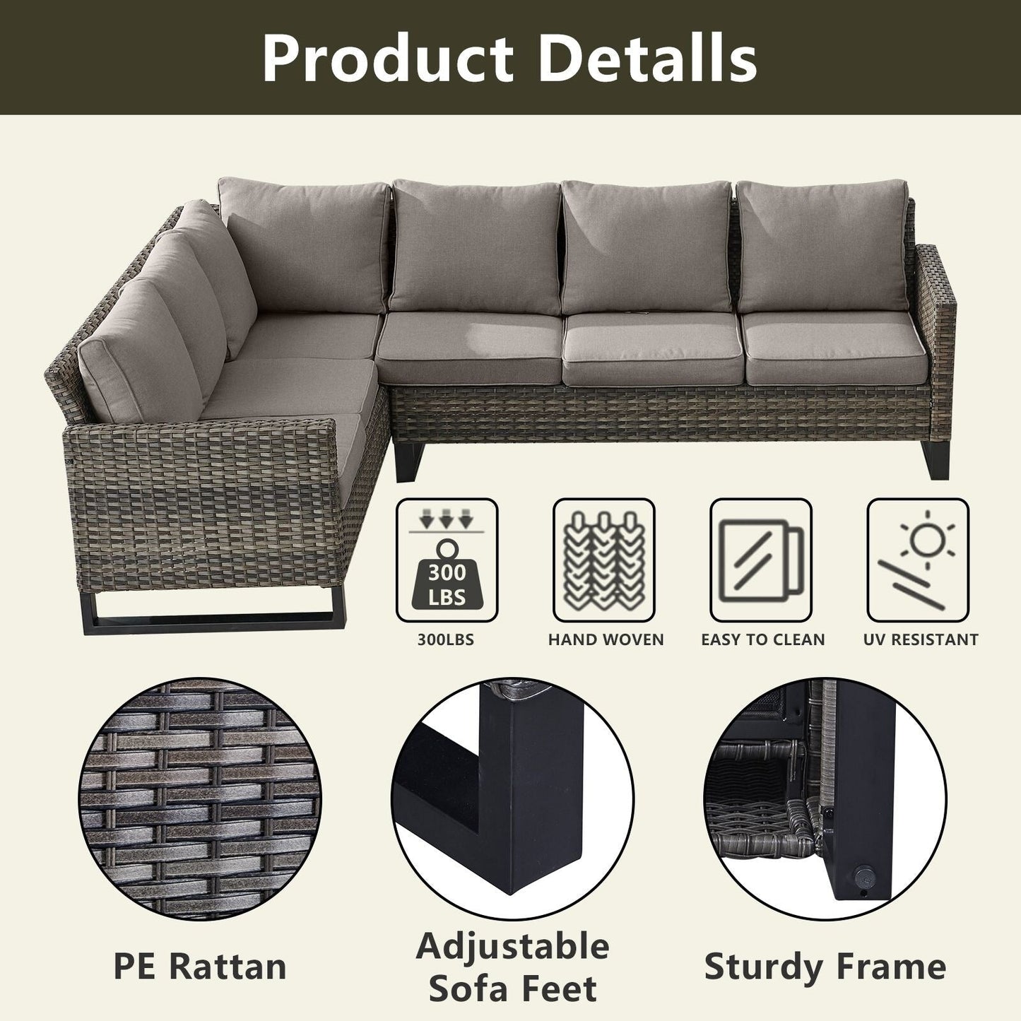 Outdoor Sectional Wicker Sofa with Fire Pit Table