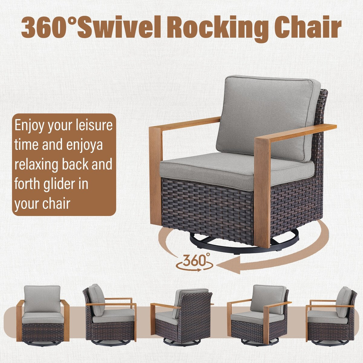 Gymojoy Outdoor Swivel Chair with Sofa, Club Chair and Ottomans - Brown