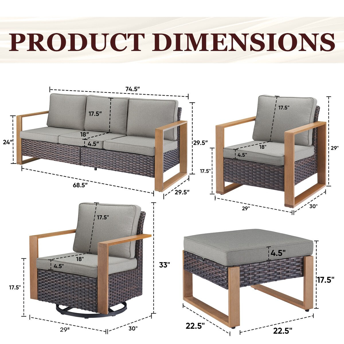 Gymojoy Outdoor Swivel Chair with Sofa, Club Chair and Ottomans - Brown