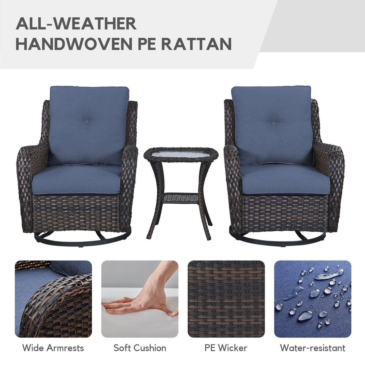 Gymojoy Outdoor Wicker 3-Seat Sofa with Fire Pit Table Swivel Chiar Table