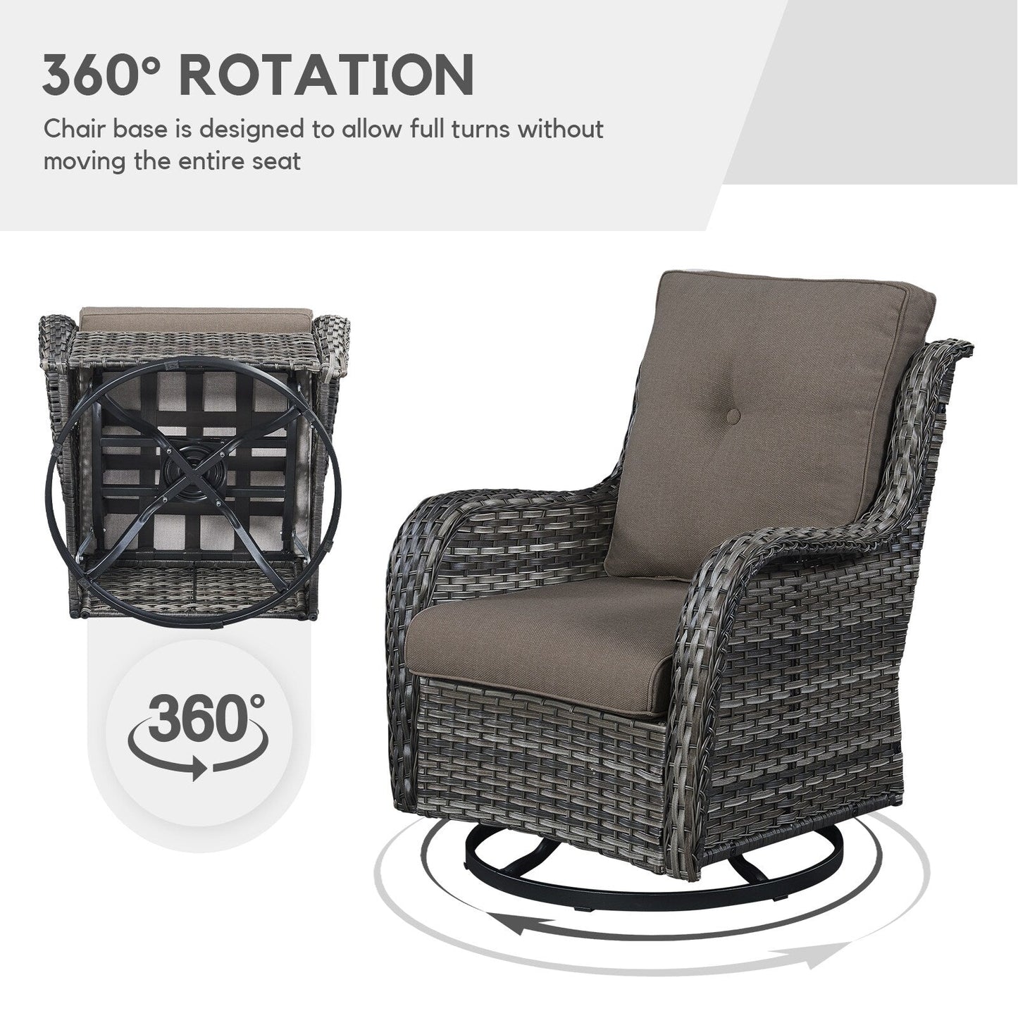Gymojoy Outdoor Wicker 3-Seat Sofa with Fire Pit Table Swivel Chiar Table