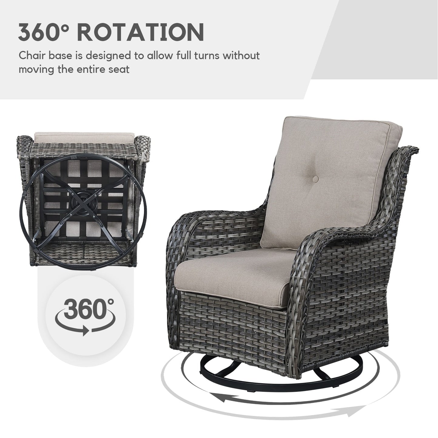 Gymojoy Outdoor Wicker 3-Seat Sofa with Fire Pit Table Swivel Chiar Table