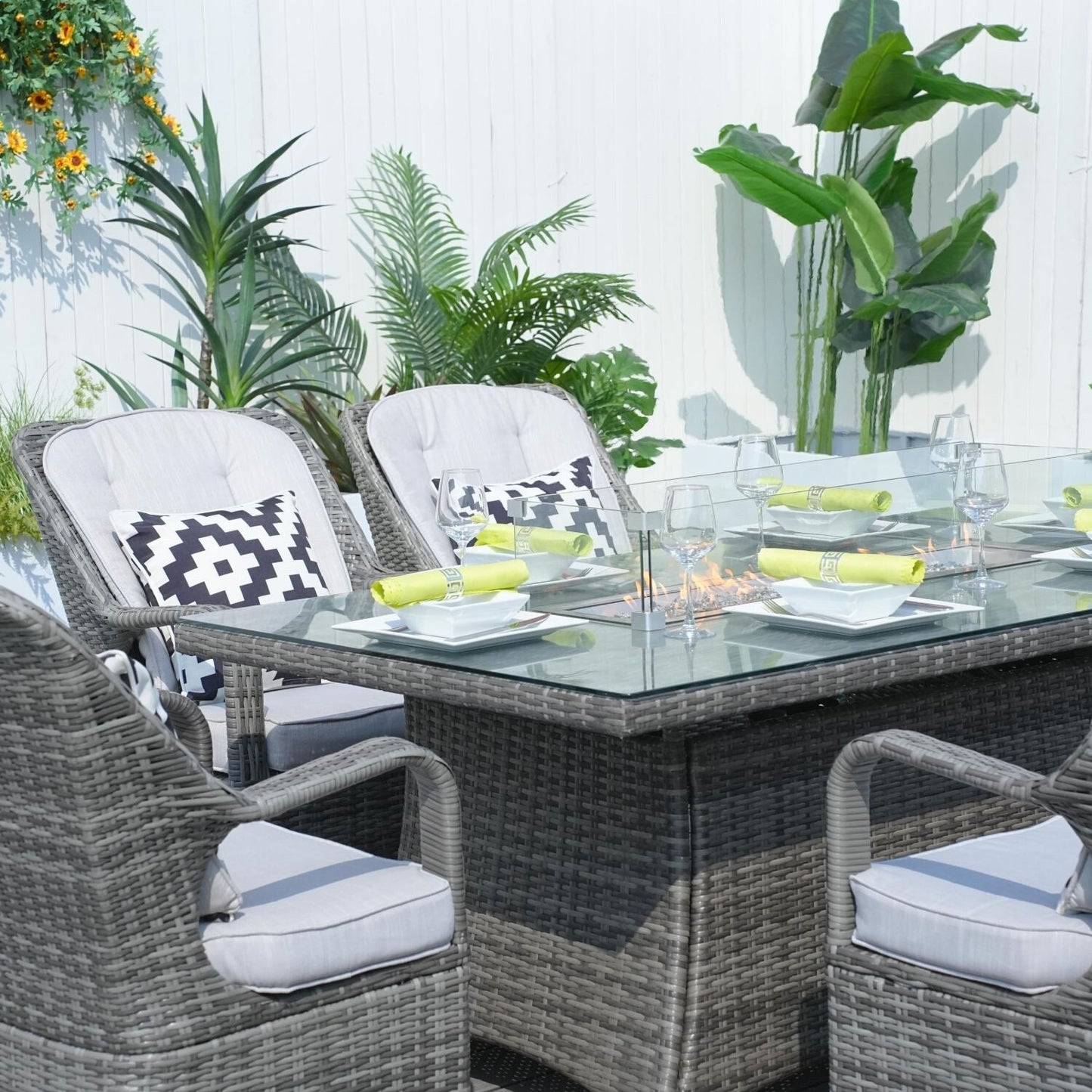 Outdoor Wicker Patio Rectangle Gas Fire Pit Table Set with 6 Chairs by Moda Furnishings (Including Rain Cover)
