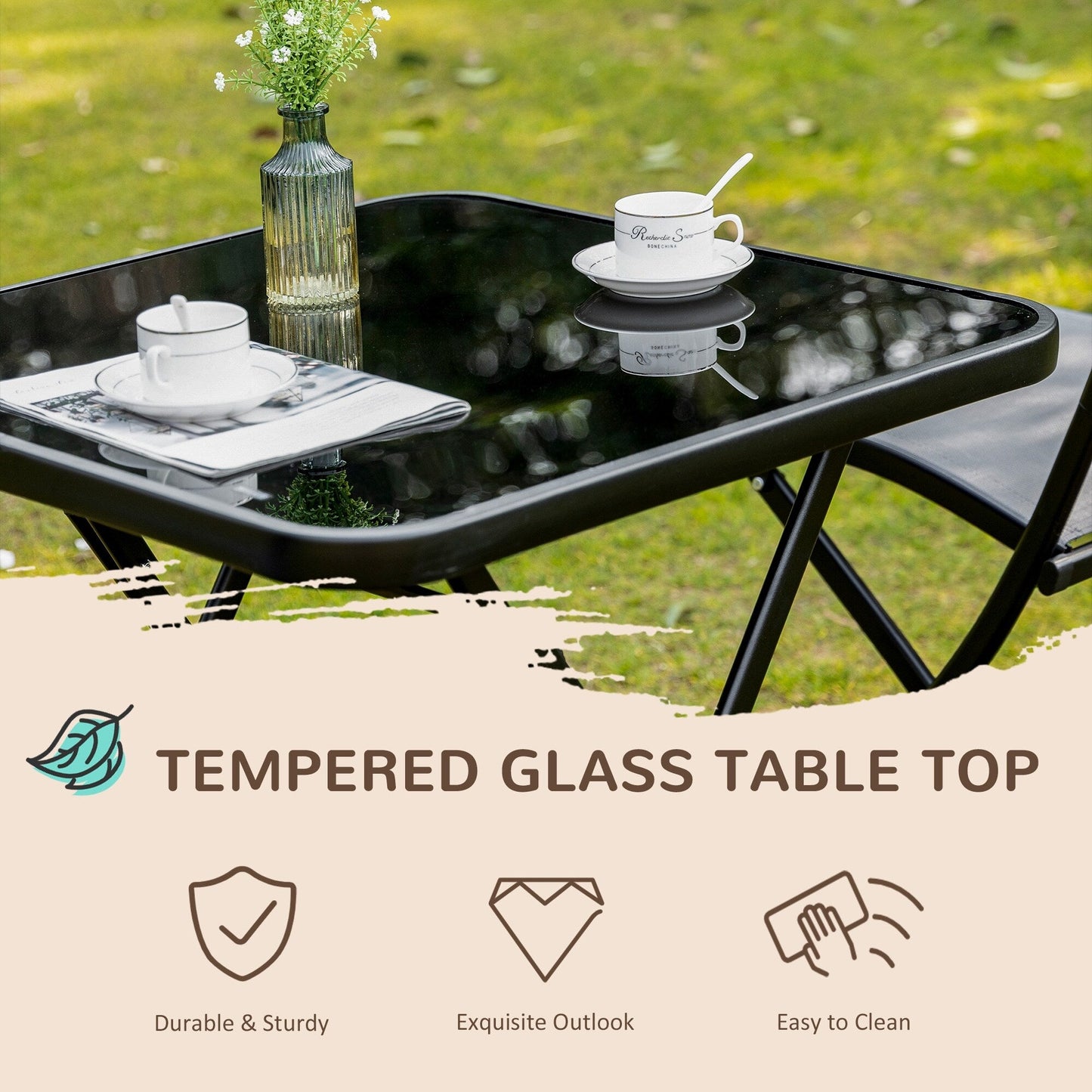 Outsunny 3-Piece Garden Bistro Set, Outdoor Folding Dining Set with Glass Table Top, 2 Folding Chairs, Steel Frame