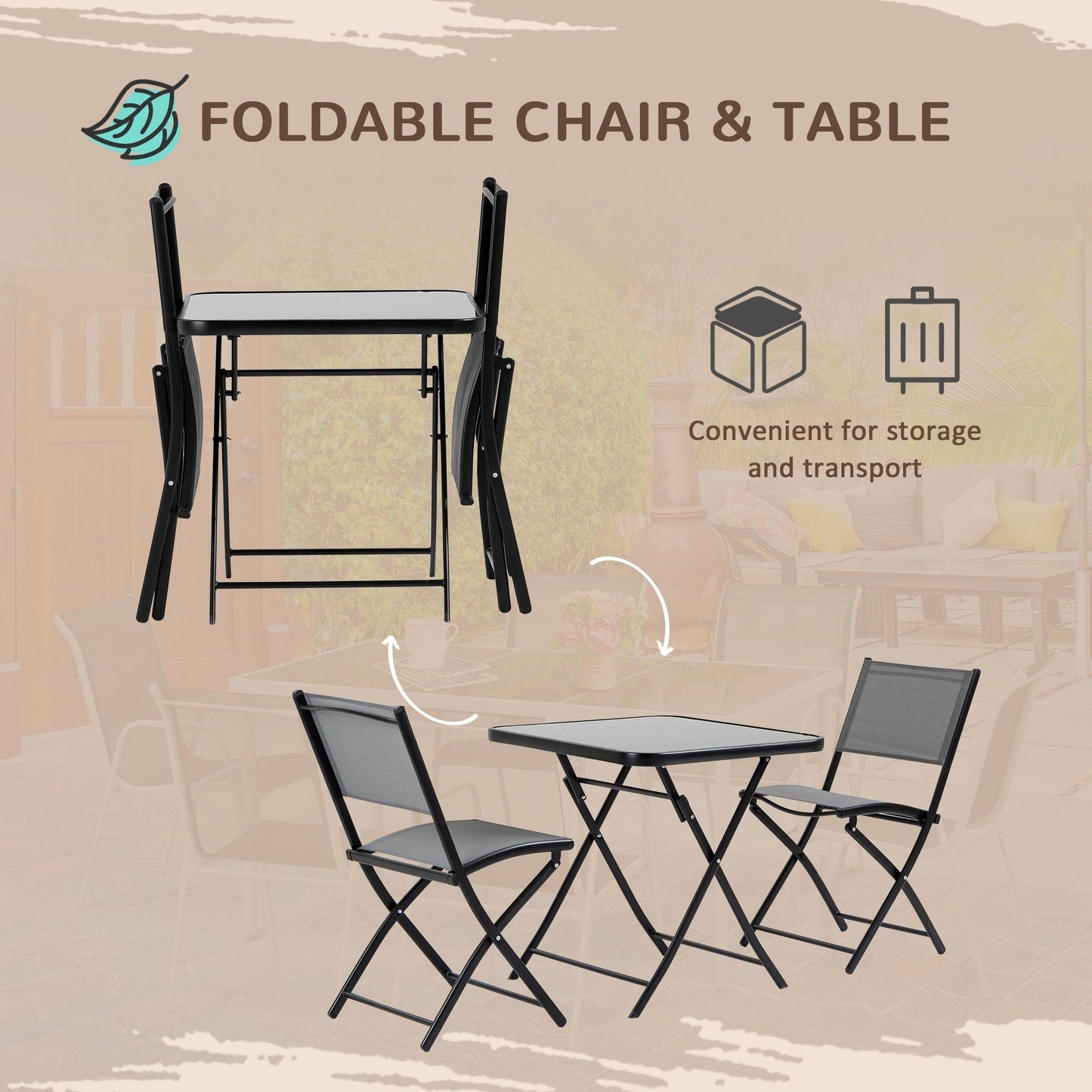 Outsunny 3-Piece Garden Bistro Set, Outdoor Folding Dining Set with Glass Table Top, 2 Folding Chairs, Steel Frame