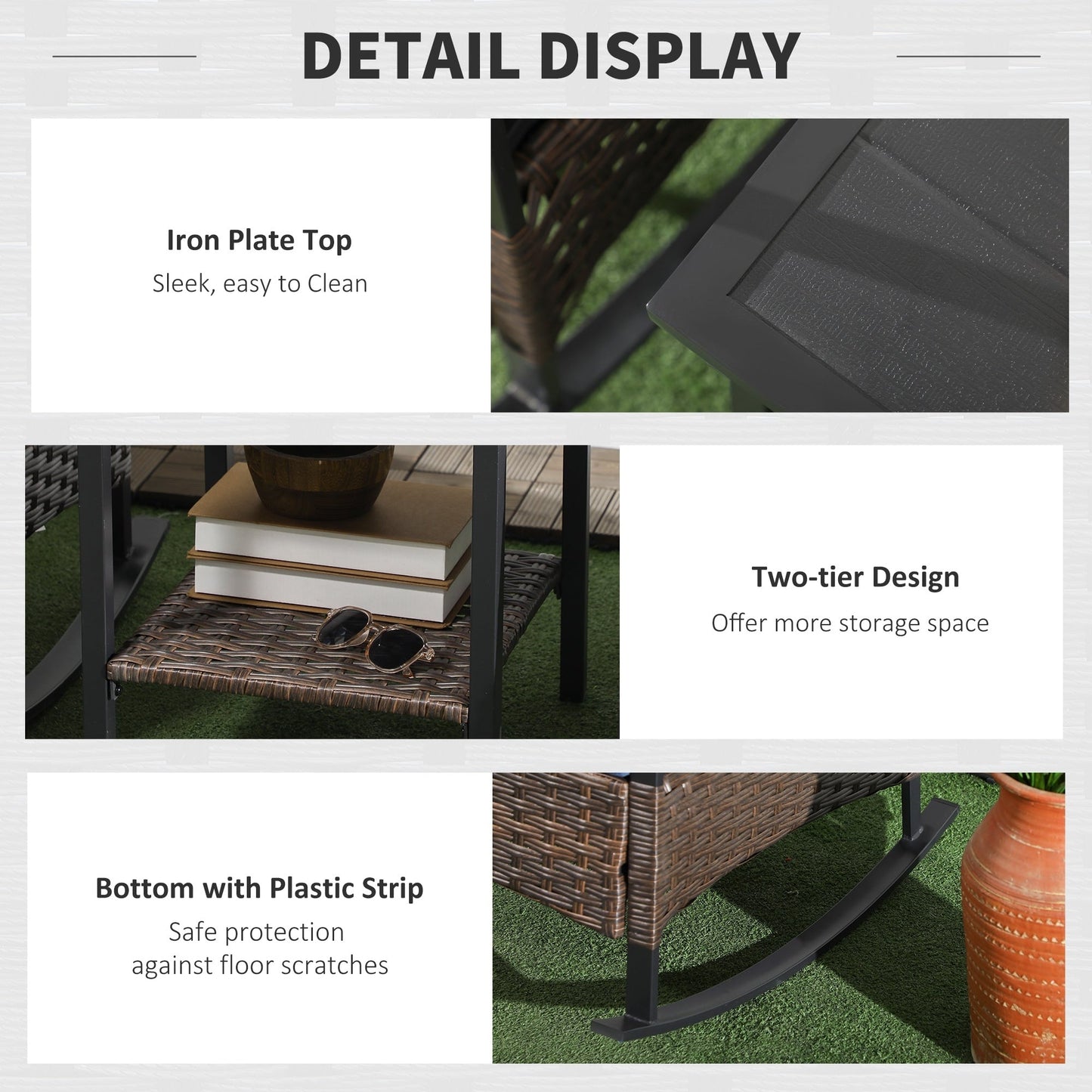 Outsunny 3 Piece Rocking Chair Patio Set, Outdoor Wicker Bistro Set with 2 Porch Rockers, 2 Tier Coffee Table, Cushions