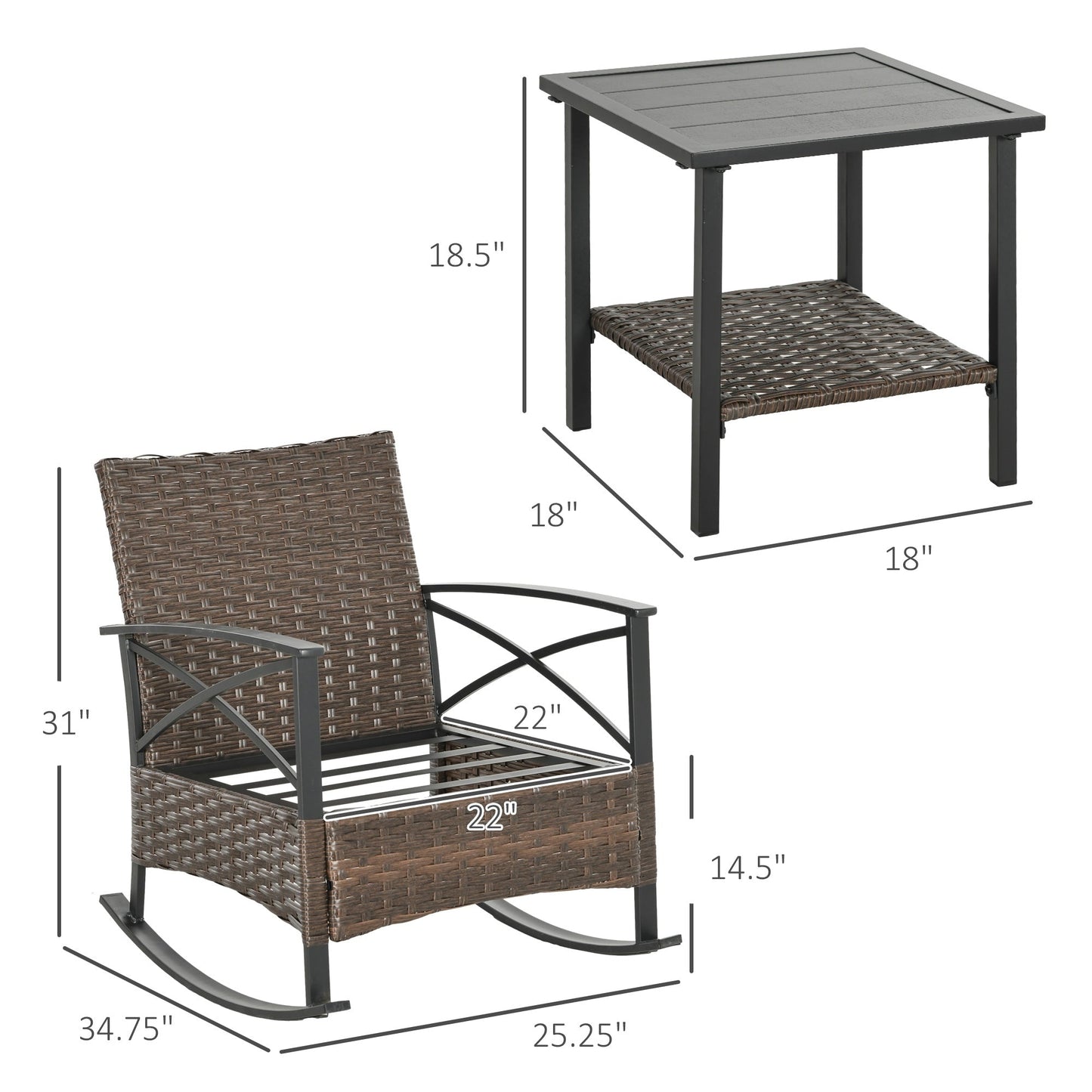 Outsunny 3 Piece Rocking Chair Patio Set, Outdoor Wicker Bistro Set with 2 Porch Rockers, 2 Tier Coffee Table, Cushions