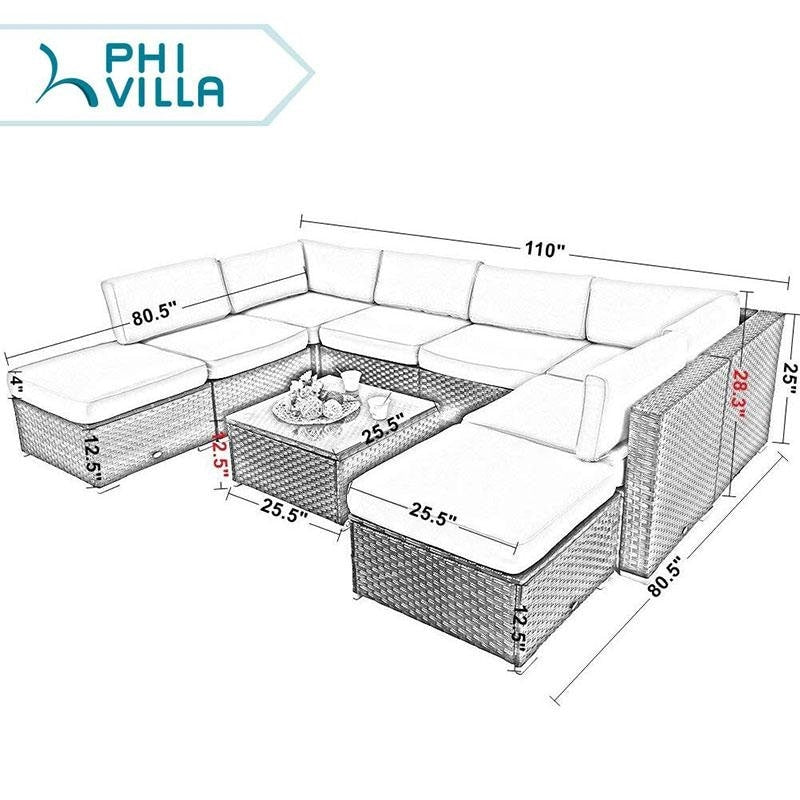 9-Piece Rattan Wicker Cushioned Patio Furniture Sectional Sofa Set - 9-Pieces Sets